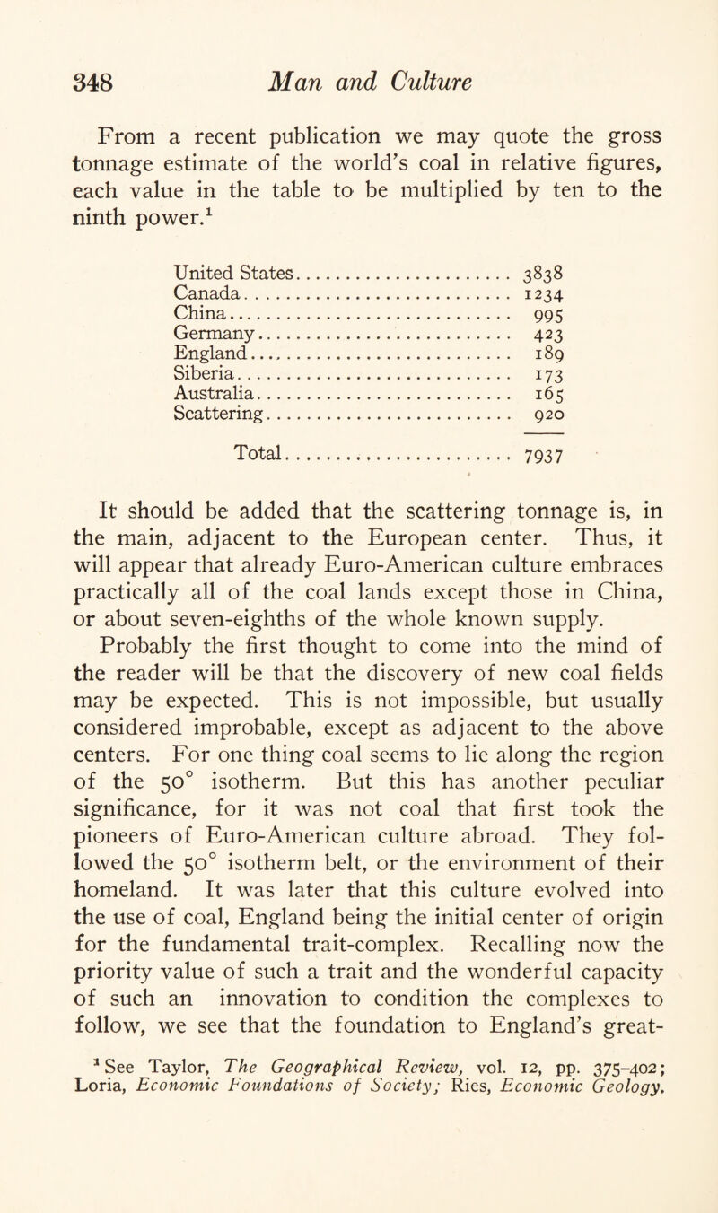 From a recent publication we may quote the gross tonnage estimate of the world’s coal in relative figures, each value in the table to be multiplied by ten to the ninth power.1 United States. 3838 Canada. 1234 China. 995 Germany. 423 England. 189 Siberia. 173 Australia. 165 Scattering. 920 Total. 7937 It should be added that the scattering tonnage is, in the main, adjacent to the European center. Thus, it will appear that already Euro-American culture embraces practically all of the coal lands except those in China, or about seven-eighths of the whole known supply. Probably the first thought to come into the mind of the reader will be that the discovery of new coal fields may be expected. This is not impossible, but usually considered improbable, except as adjacent to the above centers. For one thing coal seems to lie along the region of the 50° isotherm. But this has another peculiar significance, for it was not coal that first took the pioneers of Euro-American culture abroad. They fol¬ lowed the 50° isotherm belt, or the environment of their homeland. It was later that this culture evolved into the use of coal, England being the initial center of origin for the fundamental trait-complex. Recalling now the priority value of such a trait and the wonderful capacity of such an innovation to condition the complexes to follow, we see that the foundation to England’s great- a See Taylor, The Geographical Review, vol. 12, pp. 375-402; Loria, Economic Foundations of Society; Ries, Economic Geology.