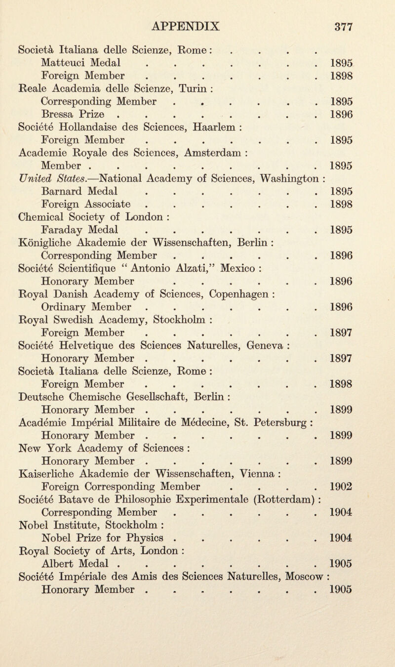 Societa Italiana delle Scienze, Pome : Matteuci Medal ....... Foreign Member ....... Reale Academia delle Scienze, Turin : Corresponding Member .... . . Bressa Prize ........ Societe Hollandaise des Sciences, Haarlem : Foreign Member ....... Academie Royale des Sciences, Amsterdam : Member ......... United States.—National Academy of Sciences, Washington : Barnard Medal ....... Foreign Associate ....... Chemical Society of London : Faraday Medal ....... Konigliche Akademie der Wissenschaften, Berlin : Corresponding Member ...... Societe Scientifique “ Antonio Alzati,” Mexico : Honorary Member ...... Royal Danish Academy of Sciences, Copenhagen : Ordinary Member ....... Royal Swedish Academy, Stockholm : Foreign Member ....... Societe Helvetique des Sciences Naturelles, Geneva : Honorary Member ....... Societa Italiana delle Scienze, Rome : Foreign Member ....... Deutsche Chemische Gesellschaft, Berlin : Honorary Member ....... Academie Imperial Militaire de Medecine, St. Petersburg : Honorary Member ....... New York Academy of Sciences : Honorary Member ....... Kaiserliche Akademie der Wissenschaften, Vienna : Foreign Corresponding Member .... Societe Batave de Philosophie Experimentale (Rotterdam) : Corresponding Member ...... Nobel Institute, Stockholm : Nobel Prize for Physics ...... Royal Society of Arts, London : Albert Medal ........ Society Imperiale des Amis des Sciences Naturelles, Moscow : Honorary Member ....... 1895 1898 1895 1896 1895 1895 1895 1898 1895 1896 1896 1896 1897 1897 1898 1899 1899 1899 1902 1904 1904 1905 1905