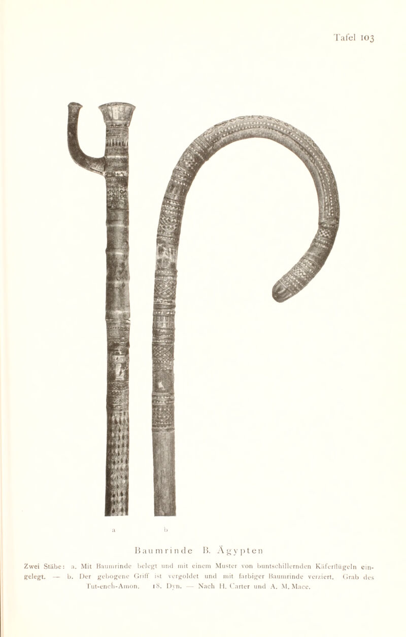 b Bau m r i n d e B. Ä g y p t e 11 Zwei Stäbe: a. Mit Baumrinde belegt und mit einem Muster von buntschillernden Käferdiigeln ein¬ gelegt. — b. Der gebogene Griff ist vergoldet und mit farbiger Baumrinde verziert. Grab des