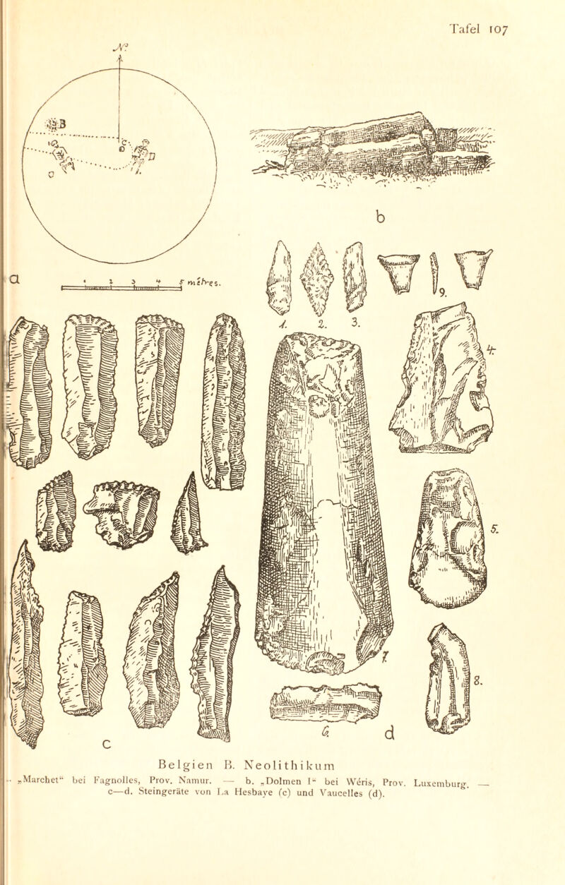 • „ March et“ bei Belgien Fagnolles, Prov. Namur. c—d. Steingeräte von B. Neolithikum — b. „Dolmen I“ bei YVdris, Prov. La Hesbave (c) und Vaucelles (d). Luxemburg. —