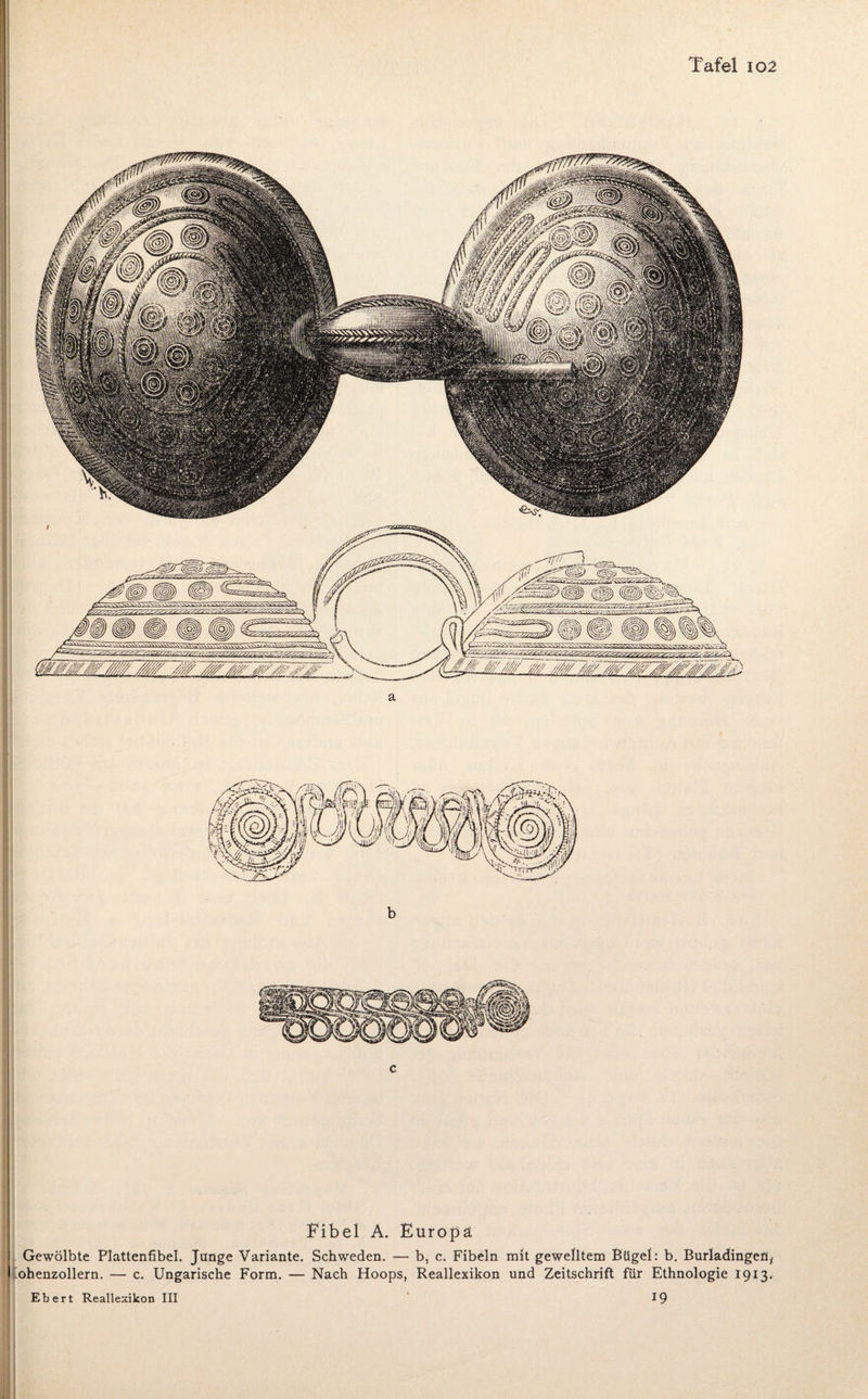 Fibel A. Europa Gewölbte Plattenfibel. Junge Variante. Schweden. — b, c. Fibeln mit gewelltem Bügel: b. Burladingeü* ’ohenzollern. — c. Ungarische Form. — Nach Hoops, Reallexikon und Zeitschrift für Ethnologie 1913. 19 Ebert Reallexikon III