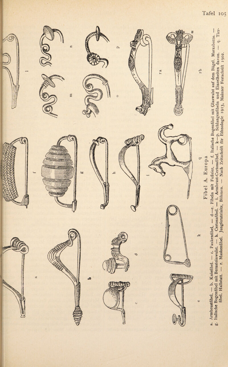 Tafel 105 . Armbrustfibel. b. Kniefibel. c. Paukenübel. — d—e. fibeln mit Fußzier. — f. Italische Bogenfibel mit Qlaswulst auf dem Bügel. Marzabotto _ . Italische Bogenfibel mit Bernsteinwulst. — h. Certosafibel. — i. Armbrust-Certosafibel. — k—p. Schlangenfibeln und Einzelheiten davon. — q. Tier¬ fibel. Hallstatt. — r. Maskenfibel. Jungfernteinitz, Böhmen. — Nach Zeitschrift für Ethnologie 1913, Mainzer Festschrift 1902.