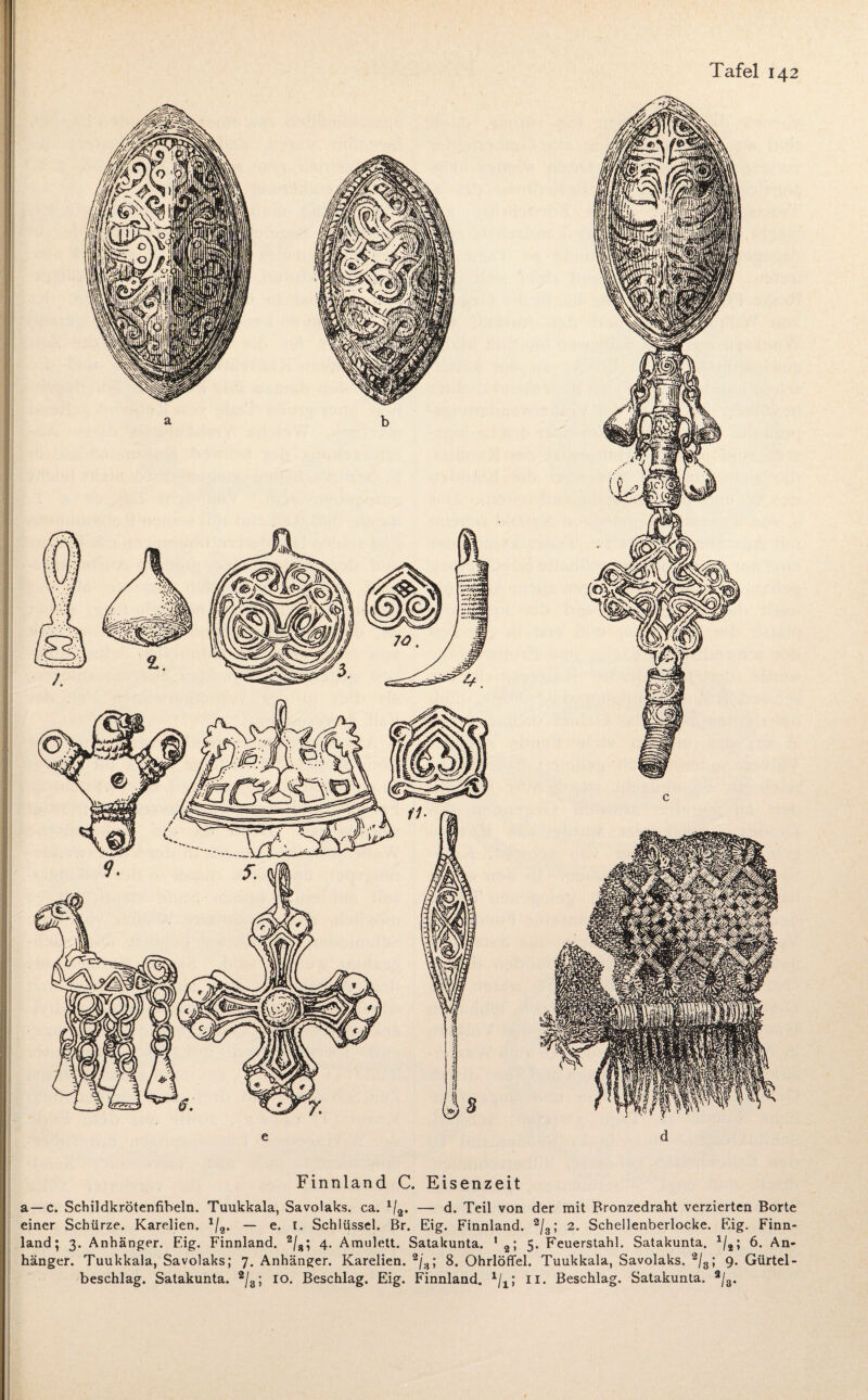 Finnland C. Eisenzeit a—c. Schildkrötenfibeln. Tuukkala, Savolaks. ca. 1/2. — d. Teil von der mit Bronzedraht verzierten Borte einer Schürze. Karelien. */2. — e. I. Schlüssel. Br. Eig. Finnland. 2/g; 2. Schellenberlocke. Eig. Finn¬ land; 3. Anhänger. Eig. Finnland. 2/„; 4. Amulett. Satakunta. 1 2; 5. Feuerstahl. Satakunta. 1/2; 6. An¬ hänger. Tuukkala, Savolaks; 7. Anhänger. Karelien. 2/3; 8. Ohrlöffel. Tuukkala, Savolaks. 2/3; 9. Gürtel¬