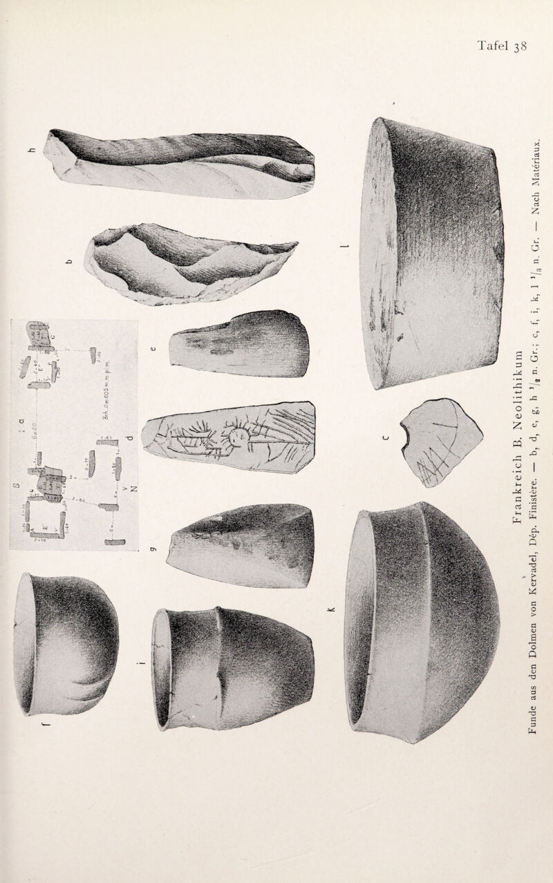 Frankreich B. Neolithikum * Funde aus den Dolmen von Kervadel, Dep. Finistere. — b, d, e, g, h 3/ä n. Gr.; c, f, i, k, 1 J/ n. Gr. — Nach Materiaux.