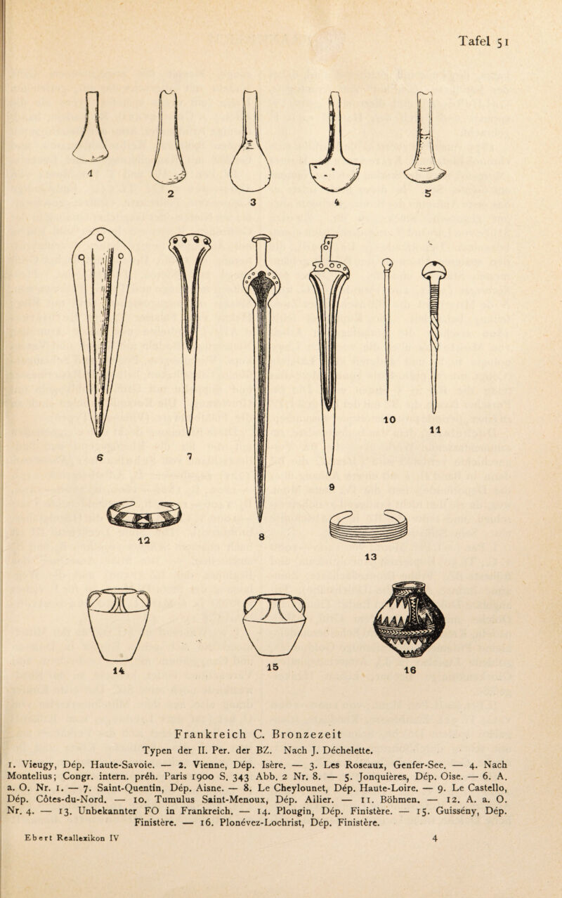 Frankreich C. Bronzezeit Typen der II. Per. der BZ. Nach J. Dechelette. 1. Vieugy, Dep. Haute-Savoie. — 2. Vienne, Dep. Isere. — 3. Les Roseaux, Genfer-See. — 4. Nach Montelius; Congr. intern. pr£h. Paris 1900 S. 343 Abb. 2 Nr. 8. — 5. Jonquieres, Dep. Oise. — 6. A. a. O. Nr. 1. — 7. Saint-Quentin, Dep. Aisne. — 8. Le Cheylounet, Dep. Haute-Loire. — 9. Le Castello, Dep. Cotes-du-Nord. — 10. Tumulus Saint-Menoux, Dep. Allier. — n. Böhmen. — 12. A. a. O. Nr. 4. — 13. Unbekannter FO in Frankreich. — 14. Plougin, Dep. Finistere. — 15. Guisseny, Dep. Finistere. — 16. Plonevez-Lochrist, Dep. Finistere. Ebert Reallexikon IV 4