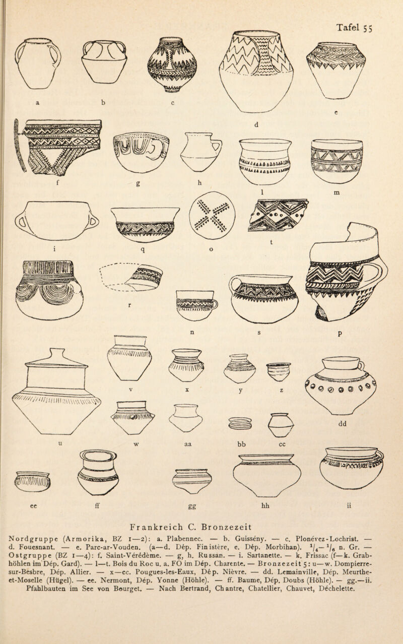 Frankreich C. Bronzezeit Nordgruppe (Armorika, BZ I—2): a. Plabennec. — b. Guisseny. — c. Plonevez-Lochrist. — d. Fouesnant. — e. Parc-ar-Vouden. (a—d. Dep. Finistere, e. D£p. Morbihan). */4— */« n. Gr. — Ostgruppe (BZ I—4): f. Saint-Ver6deme. — g, h. Russan. — i. Sartanette. — k. Frissac (f—k. Grab- liöhlen im Dep. Gard). — 1—t. Bois du Roc u. a. FO im Dep. Charente. — Bronzezeit 5 : u—w. Dompierre- sur-Besbre, Dep. Allier. — x—cc. Pougues-les-Eaux, Dep. Nievre. — dd. Lemainville, Dep. Meurthe- et-Moselle (Hügel). — ee. Nermont, Dep. Yonne (Höhle). — ff. Baume, Dep. Doubs (Höhle). — gg.—ii. Pfahlbauten im See von Bourget. — Nach Berlrand, Chantre, Chatellier, Chauvet, Dechelette.