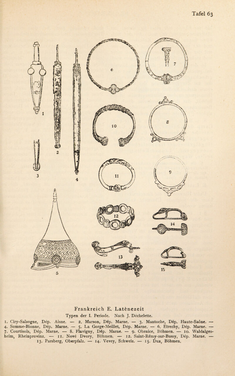 Frankreich E. Lat£nezeit Typen der I. Periode. Nach J. Dechelette. 1. Ciry-Salsogne, Dep. Aisne. — 2. Marson, D£p. Marne. — 3. Mantoche, D6p. Haute-Saone. — 4. Somme-Bionne, Dep. Marne. — 5. La Gorge-Meillet, Dep. Marne. — 6. Etrechy, Dep. Marne. — 7. Courtisols, Döp. Marne. — 8. Flavigny, D6p. Marne. — 9. Obrnice, Böhmen. — 10. Waldalges- heim, Rheinprcvinz. — 11. Nove Dvory, Böhmen. — 12. Saint-Römy-sur-Bussy, Dep. Marne. —