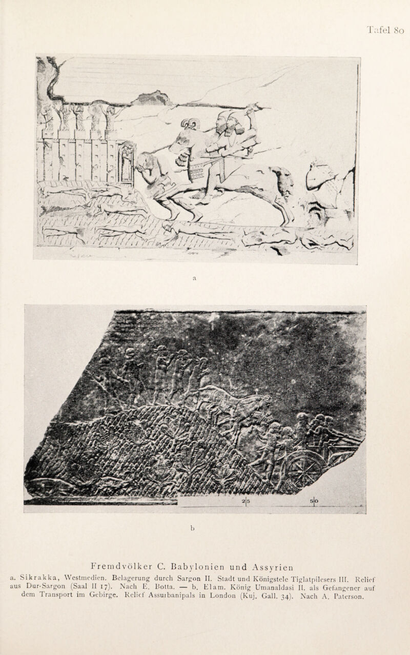 Bafel (So b Fremdvölker C. Babylonien und Assyrien a. Sikrakka, Westmedien. Belagerung durch Sargon II. Stadt und Königstele Tiglatpilesers III. Relief aus Dur-Sargon (Saal II 17). Nach E. Botta. — b. Elam. König Umanaldasi II. als Gefangener auf dem Transport im Gebirge. Relief Assuibanipals in London (Kuj. Gail. 34). Nach A. Paterson.
