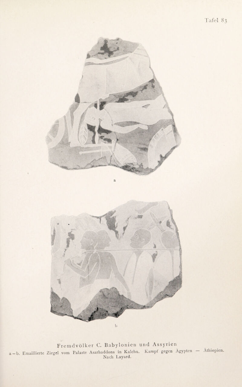 a—b. Emaillierte Fremdvölker C. Babylonien und Assyrien Ziegel vom Palaste Asarhaddons in Kalchu. Kampf gegen Ägypten — Äthiopien. Nach Layard.