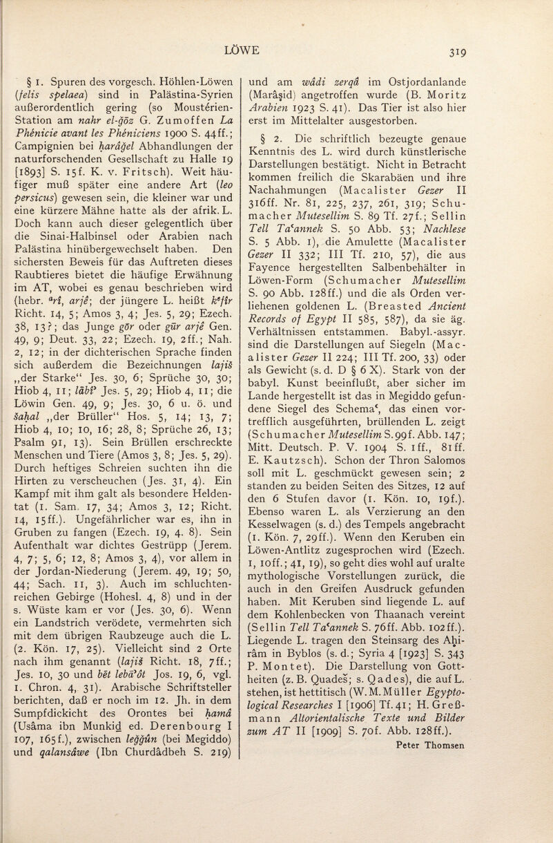 LÖWE § I. Spuren des vorgesch. Höhlen-Löwen [felis spelaea) sind in Palästina-Syrien außerordentlich gering (so Mousterien- Station am nähr el-göz G. Zumoffen La Phenicie avant les Pheniciens 1900 S. 44 ff.; Campignien bei hardgel Abhandlungen der naturforschenden Gesellschaft zu Halle 19 [1893] S. 15f. K. v. Fritsch). Weit häu¬ figer muß später eine andere Art [leo persicns) gewesen sein, die kleiner war und eine kürzere Mähne hatte als der afrik. L. Doch kann auch dieser gelegentlich über die Sinai-Halbinsel oder Arabien nach Palästina hinübergewechselt haben. Den sichersten Beweis für das Auftreten dieses Raubtieres bietet die häufige Erwähnung im AT, wobei es genau beschrieben wird (hebr. ari, arje; der jüngere L. heißt kefir Rieht. 14, 5; Arnos 3, 4; Jes. 5, 29; Ezech. 38, 13?; das Junge gör oder gür arje Gen. 49, 9; Deut. 33, 22; Ezech. 19, 2 ff.; Nah. 2, 12; in der dichterischen Sprache finden sich außerdem die Bezeichnungen lajü „der Starke“ Jes. 30, 6; Sprüche 30, 30; Hiob 4, 11; läb? Jes. 5, 29; Hiob 4, 11; die Löwin Gen. 49, 9; Jes. 30, 6 u. ö. und Sahal ,,der Brüller“ Hos. 5, 14; 13, 7; Hiob 4, IO; 10, 16; 28, 8; Sprüche 26, 13; Psalm 91, 13). Sein Brüllen erschreckte Menschen und Tiere (Arnos 3, 8; Jes. 5, 29). Durch heftiges Schreien suchten ihn die Hirten zu verscheuchen (Jes. 31, 4). Ein Kampf mit ihm galt als besondere Helden¬ tat (1. Sam, 17, 34; Arnos 3, 12; Rieht. 14, 15 ff.). Ungefährlicher war es, ihn in Gruben zu fangen (Ezech. 19, 4. 8). Sein Aufenthalt war dichtes Gestrüpp (Jerem. 4, 7; 5, 6; 12, 8; Arnos 3, 4), vor allem in der Jordan-Niederung (Jerem. 49, 19; 50, 44; Sach. 11, 3). Auch im schluchten¬ reichen Gebirge (Hohesl. 4, 8) und in der s. Wüste kam er vor (Jes. 30, 6). Wenn ein Landstrich verödete, vermehrten sich mit dem übrigen Raubzeuge auch die L. (2. Kön. 17, 25). Vielleicht sind 2 Orte nach ihm genannt (lajis Rieht. 18, 7 ff.; Jes. 10, 30 und bet lebä'öt Jos. 19, 6, vgl. I. Chron. 4, 31). Arabische Schriftsteller berichten, daß er noch im 12. Jh. in dem Sumpfdickicht des Orontes bei hamd (Usäma ibn Munkid ed. Derenbourg I 107, 165 f.), zwischen lefigün (bei Megiddo) und qalansäwe (Ibn Churdädbeh S. 219) und am wddi zerqd im Ostjordanlande (Maräsid) angetroffen wurde (B. Moritz Arabien 1923 S. 41). Das Tier ist also hier erst im Mittelalter ausgestorben. § 2. Die schriftlich bezeugte genaue Kenntnis des L. wird durch künstlerische Darstellungen bestätigt. Nicht in Betracht kommen freilich die Skarabäen und ihre Nachahmungen (Macalister Gezer II 3i6ff. Nr. 81, 225, 237, 261, 319; Schu¬ macher Mutesellim S. 89 Tf. 27f.; Sellin Teil Ta'annek S. 50 Abb. 53; Nachlese S. 5 Abb. 1), die Amulette (Macalister Gezer II 332; III Tf. 210, 57), die aus Fayence hergestellten Salbenbehälter in Löwen-Form (Schumacher Mutesellim S. 90 Abb. 128ff.) und die als Orden ver¬ liehenen goldenen L. (Breasted Ancient Records of Egypt II 585, 587), da sie äg. Verhältnissen entstammen. Babyl.-assyr. sind die Darstellungen auf Siegeln (Mac¬ alister Gm II 224; III Tf. 200, 33) oder als Gewicht (s. d. D § 6 X). Stark von der babyl, Kunst beeinflußt, aber sicher im Lande hergestellt ist das in Megiddo gefun¬ dene Siegel des Schema4, das einen vor¬ trefflich ausgeführten, brüllenden L. zeigt (Schumacher S.99L Abb. 147; Mitt. Deutsch. P. V. 1904 S. 1 ff., 81 ff. E. Kautzsch). Schon der Thron Salomos soll mit L. geschmückt gewesen sein; 2 standen zu beiden Seiten des Sitzes, 12 auf den 6 Stufen davor (1. Kön. 10, 19 f.). Ebenso waren L. als Verzierung an den Kesselwagen (s. d.) des Tempels angebracht (1. Kön. 7, 29ff.). Wenn den Keruben ein Löwen-Antlitz zugesprochen wird (Ezech. I, ioff.; 41, 19), so geht dies wohl auf uralte mythologische Vorstellungen zurück, die auch in den Greifen Ausdruck gefunden haben. Mit Keruben sind liegende L. auf dem Kohlenbecken von Thaanach vereint (Sellin Teil Ta<annek S. 76ff. Abb. 102ff.). Liegende L. tragen den Steinsarg des Ahi- räm in Byblos (s. d.; Syria 4 [1923] S. 343 P. Mont et). Die Darstellung von Gott¬ heiten (z. B. Quades; s. Qades), die aufL. stehen, ist hettitisch (W. M. M ü 11 e r Egypto- logical Researches I [1906] Tf. 41; H. Greß- mann Altorientalische Texte und Bilder zum AT II [1909] S. 70f. Abb. 128ff.). Peter Thomsen