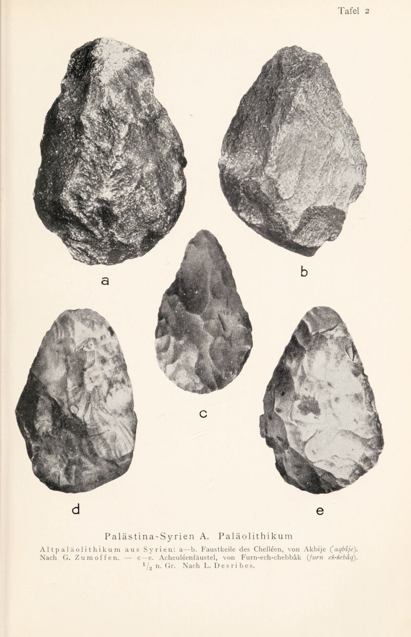 d e Palästina-Syrien A. Paläolithikum Altpaläolithikum aus Syrien: a—b. Faustkeile des Chelleen, von Akbije (aqbije). Nach G. Zumoffen. — c — e. Acheuleenfäustel, von Furn-ech-chebbäk ('/um es-sebäq). 1/2 n. Gr. Nach L. Desrib.es.