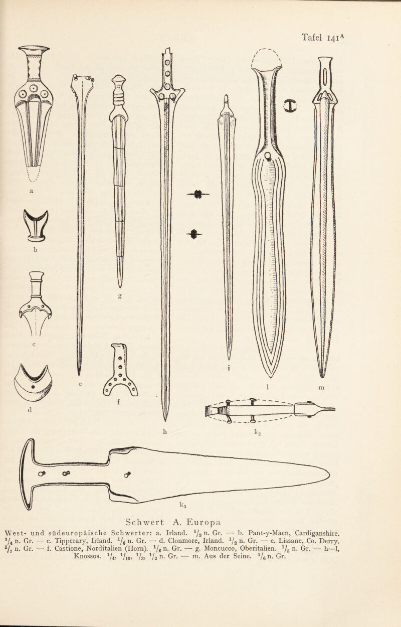 Schwert A. Europa West- und südeuropäische Schwerter: a. Irland. 73 n. Gr. — b. Pant-y-Maen, Cardiganshire. J/4 n. Gr. — c. Tipperary, Irland. 1/0 n. Gr. —• d. Clonmore, Irland. 1j2 n. Gr. — e. Lissane, Co. Derry. 1/7 n. Gr. — f. Castione, Norditalien (Horn). 1/6 n. Gr. —■ g. Moncucco, Oberitalien. 1/5 n. Gr. —• h—1, Knossos. 1/4, 1/10, 1/3, 1/2 n. Gr. — m. Aus der Seine. 1/6 n. Gr.