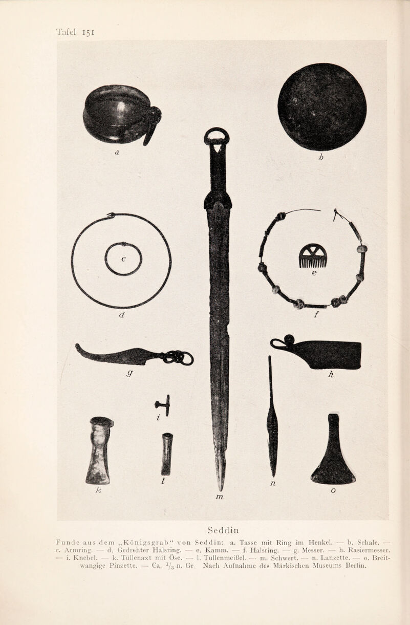 Seddin Funde aus dem ,, K ön i gs gr ab “ von Seddin: a. Tasse mit Ring im Henkel. — b. Schale. — c. Armring. - d. Gedrehter Halsring. -—- e. Kamm. — f. Halsring. — g. Messer. —- h. Rasiermesser. — i. Knebel. — k. Tüllenaxt mit Öse. -— 1. Tüllenmeißel. — m. Schwert. — n. Lanzette. — o. Breit- wangige Pinzette. — Ca. 1/3 n. Gr Nach Aufnahme des Märkischen Museums Berlin.