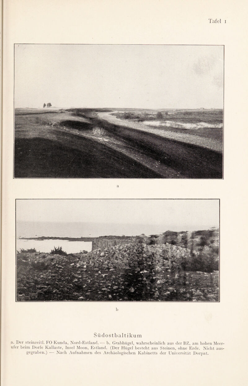 a b Südostbaltikum a. Der steinzeitl. FO Kunda, Nord-Estland. — b. Grabhügel, wahrscheinlich aus der BZ, am hohen Meer¬ ufer beim Dorfe Kallaste, Insel Moon, Estland. (Der Hügel besteht aus Steinen, ohne Erde. Nicht aus¬ gegraben.) —- Nach Aufnahmen des Archäologischen Kabinetts der Universität Dorpat.