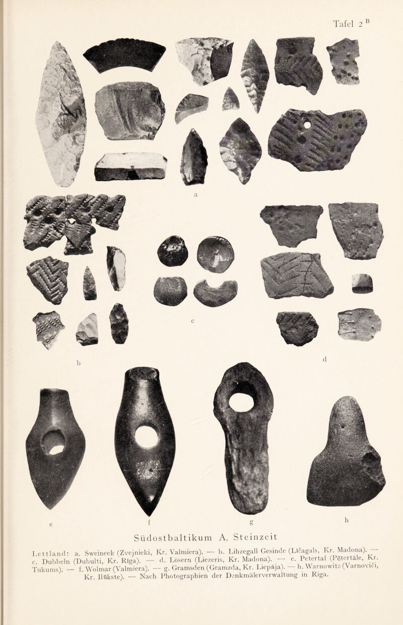 B Südostbaltikum A. Steinzeit Lettland: a. Sweineek (Zvejnieki, Kr. Valmiera). — b. Lihzegall Gesinde (Licagals, Kr. Madona).— c. Dubbeln (Dubulti, Kr.’Riga). — d. Lösern (Liezeris, Kr. Madona). — e. Petertal (Petertale, Kr. Tukums). — f. Wolmar (Valmiera). — g. Gramsden (Gramzda, Kr. Liepäja). h. Warnowitz (Varnovici, Kr. Ilükste). — Nach Photographien der Denkmälerverwaltung in Riga.