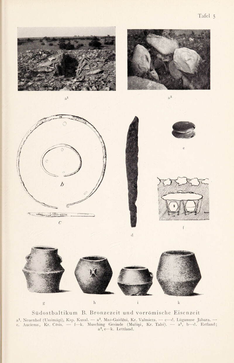 Südostbaltikum B. Bronzezeit und vorrömische Eisenzeit a1. Neuenhof (Ussimägi), Ksp. Ivusal. — a2. Maz-Gaideni, Kr. Valmiera. — c—d. Lüganuse Jäbara. — e. Auciems, Kr. Cesis. — f—k. Musching Gesinde (Musini, Kr. Talsi). ■— a1, b—d. Estland; a2, e—k. Lettland.