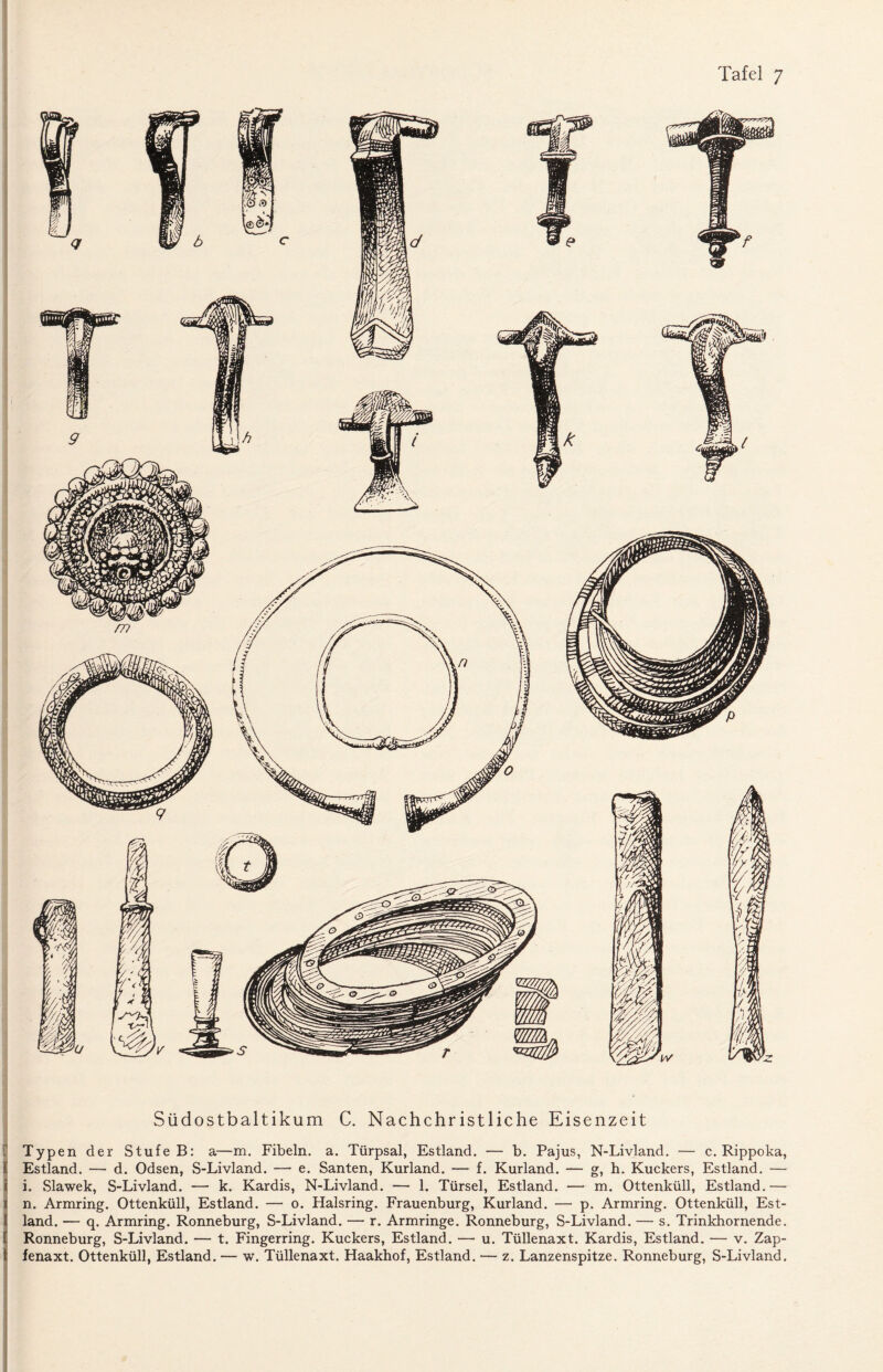 Südostbaltikum C. Nachchristliche Eisenzeit l Typen der Stufe B: a—m. Fibeln, a. Türpsal, Estland. — b. Pajus, N-Livland. — c. Rippoka, 1 Estland. — d. Odsen, S-Livland. — e. Santen, Kurland. — f. Kurland. — g, h. Kuckers, Estland. — i i. Slawek, S-Livland. — k. Kardis, N-Livland. — 1. Türsei, Estland. — m. Ottenküll, Estland.— i n. Armring. Ottenküll, Estland. — o. Halsring. Frauenburg, Kurland. — p. Armring. Ottenküll, Est- I land. — q. Armring. Ronneburg, S-Livland. — r. Armringe. Ronneburg, S-Livland. — s. Trinkhornende, f Ronneburg, S-Livland. — t. Fingerring. Kuckers, Estland. — u. Tüllenaxt. Kardis, Estland. — v. Zap¬ fenaxt. Ottenküll, Estland. — w. Tüllenaxt. Haakhof, Estland. — z. Lanzenspitze. Ronneburg, S-Livland.