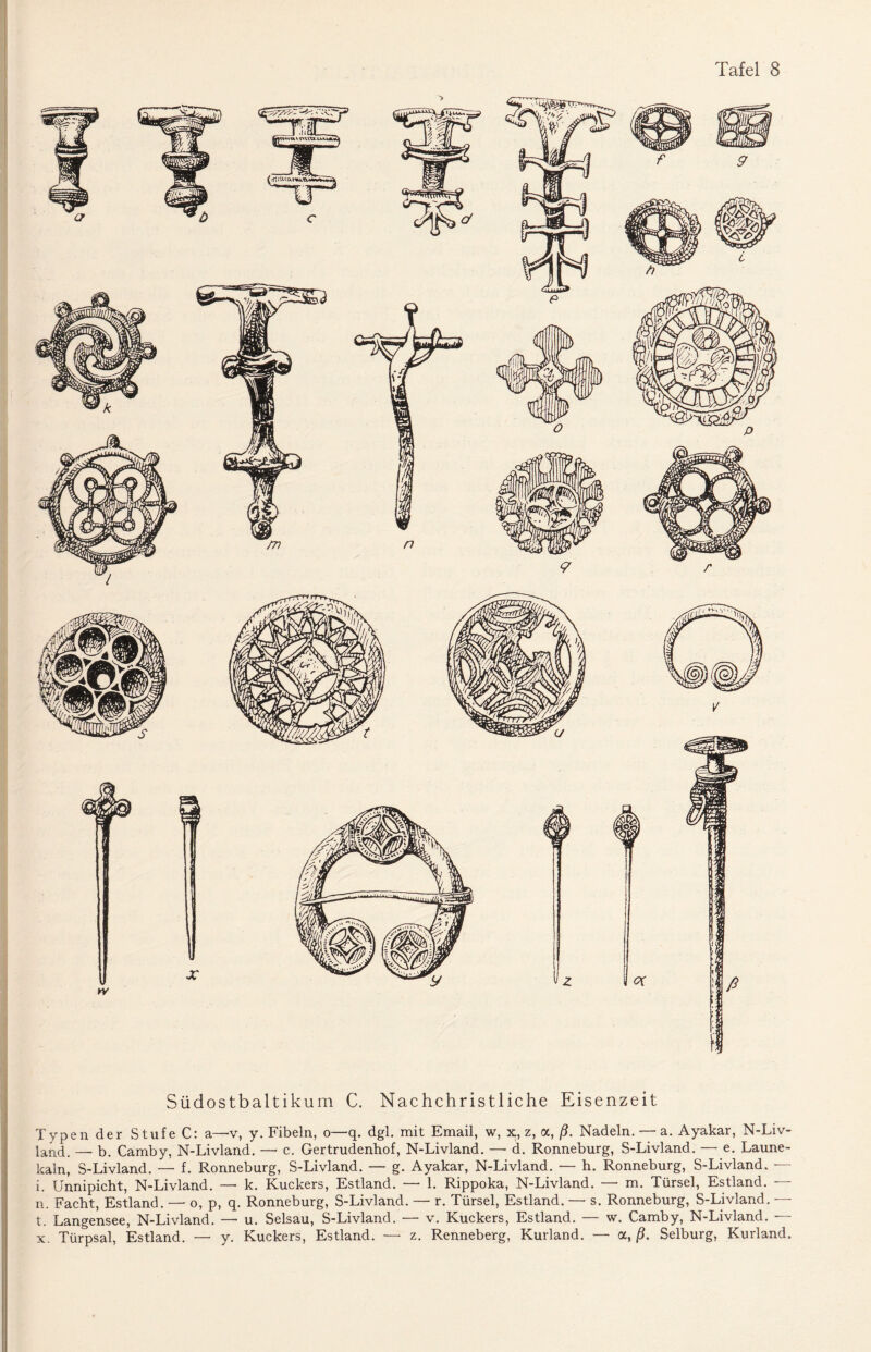 Südostbaltikum C. Nachchristliche Eisenzeit Typen der Stufe C: a—v, y. Fibeln, o—q. dgl. mit Email, w, x, z, a, ß. Nadeln.—a. Ayakar, N-Liv- land. —. b. Camby, N-Livland. —• c. Gertrudenhof, N-Livland. — d. Ronneburg, S-Livland. — e. Laune¬ kain, S-Livland. — f. Ronneburg, S-Livland. — g. Ayakar, N-Livland. — h. Ronneburg, S-Livland. — i. Unnipicht, N-Livland. — k. Kuckers, Estland. — 1. Rippoka, N-Livland. —• m. Türsei, Estland. — n. Facht, Estland. — o, p, q. Ronneburg, S-Livland. — r. Türsei, Estland. — s. Ronneburg, S-Livland. — t. Langensee, N-Livland. —• u. Selsau, S-Livland. — v. Kuckers, Estland. — w. Camby, N-Livland. — x. Türpsal, Estland. — y. Kuckers, Estland. — z. Renneberg, Kurland. — a, ß. Selburg, Kurland.