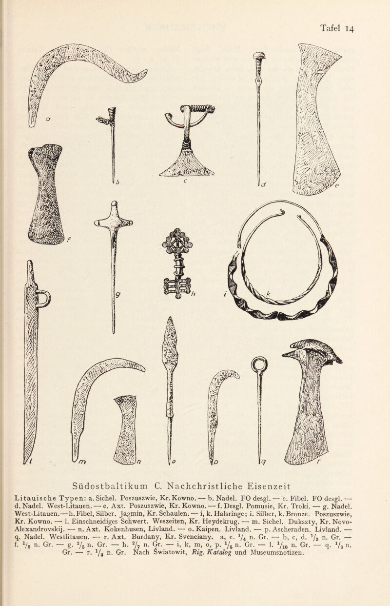 Südostbaltikum C. Nachchristliche Eisenzeit Litauische Typen: a. Sichel. Poszuszwie, Kr.Kowno.— b. Nadel. FO desgl.— c. Fibel. FO desgl.— d. Nadel. West-Litauen. — e. Axt. Poszuszwie, Kr.Kowno. — f. Desgl. Pomusie, Kr. Troki. — g. Nadel. West-Litauen. — h. Fibel, Silber. Jagmin, Kr. Schaulen. — i, k. Halsringe; i. Silber, k. Bronze. Poszuszwie, Kr. Kowno. —- 1. Einschneidiges Schwert. Weszeiten, Kr. Heydekrug. — m. Sichel. Dukszty, Kr.Novo- Alexandrovskij. — n. Axt. Kokenhusen, Livland. — o. Kaipen. Livland. — p. Ascheraden. Livland. — q. Nadel. Westlitauen. — r. Axt. Burdany, Kr. Svenciany. a, e. x/4 n. Gr. — b, c, d. 1/3 n. Gr. — f. 1/5 n. Gr. — g. 2/5 n. Gr. — h. 2/7 n- Gr. — b k, m, o, p. 1/6 n. Gr. — 1. 1/10 n. Gr. — q. 1/8 n. Gr. — r. y4 n. Gr. Nach Swiatowit, Rig. Katalog und Museumsnotizen.