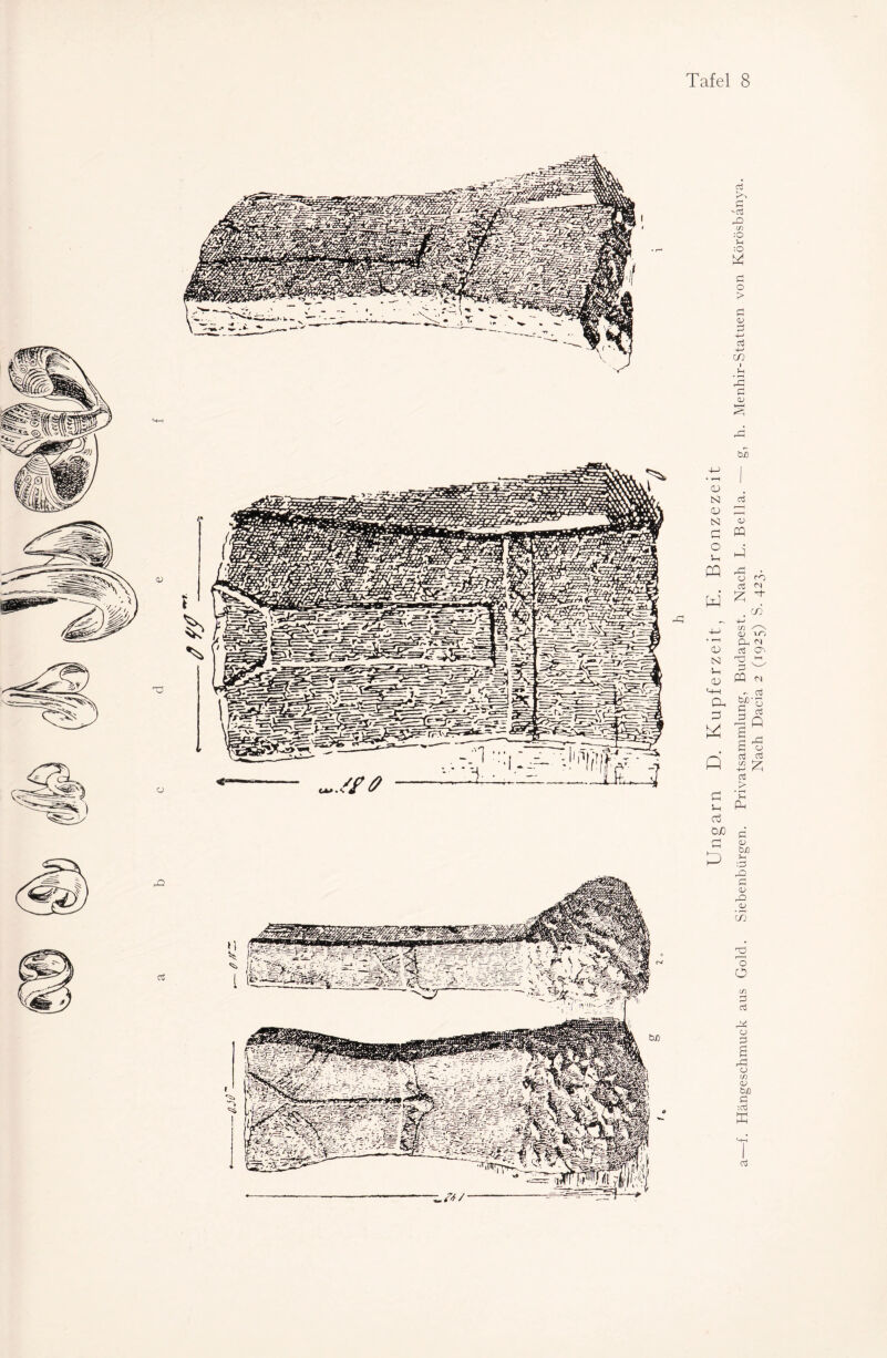 Ungarn D. Kupferzeit, E. Bronzezeit Hängeschmuck aus Gold. Siebenbürgen. Privatsammlung, Budapest. Nach L. Bella. — g, h. Menhir-Statuen von Körösbanya. Nach Dacia 2 (1925) S. 423.