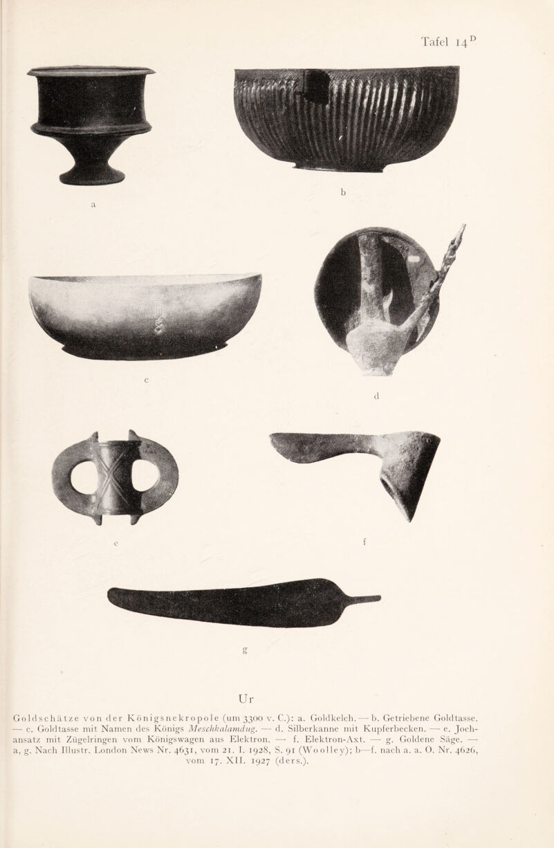f Ur Goldschätze von der Königsnekropole (um 3300 v. C.): a. Goldkelch.—- b. Getriebene Goldtasse. — c. Goldtasse mit Namen des Königs Meschkalamdug. — d. Silberkanne mit Kupferbecken. —- e. Joch¬ ansatz mit Zügelringen vom Königswagen aus Elektron. — f. Elektron-Axt. —- g. Goldene Säge. - a, g. Nach Illustr. London News Nr. 4631, vom 21. I. 1928, S. 91 (Woolley); b—f. nach a. a. 0. Nr. 4626,