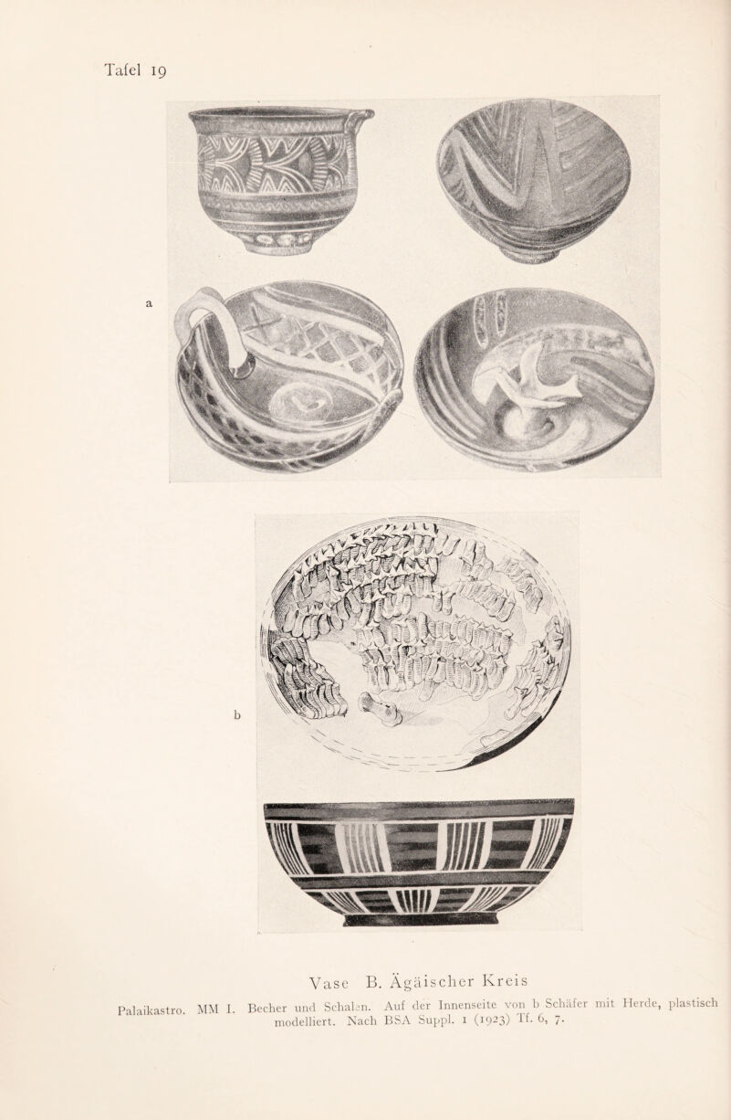 Vase B. Ägäischer Kreis Pnlaikastro MM I Becher und Schalen. Auf der Innenseite von b Schafei mit Heide, plastisch modelliert. Nach BSA Suppl. 1 (1923) Tf. 6, 7.