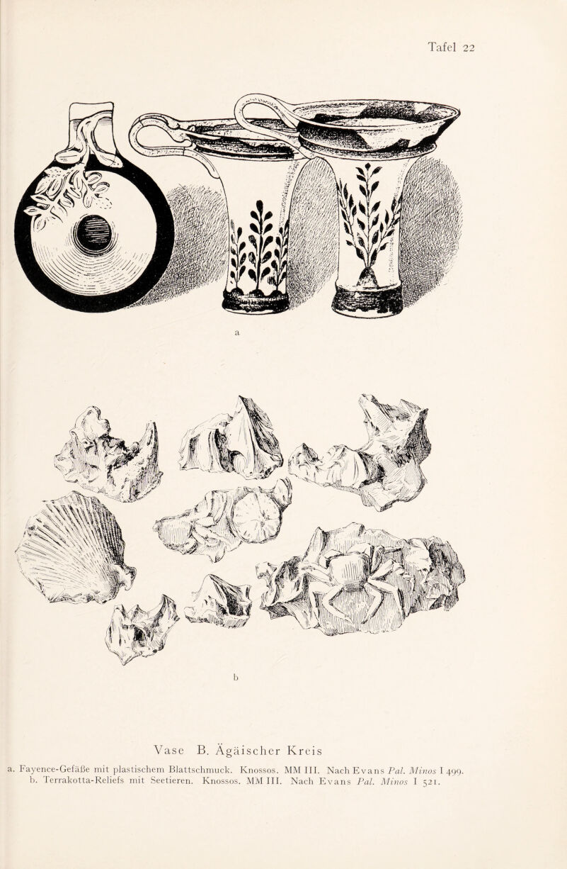a Vase B. Ägäischer Kreis . Fayence-Gefäße mit plastischem Blattschmuck. Knossos. MM III. Nach Evans Pal. Minos I 499. b. Terrakotta-Reliefs mit Seetieren. Knossos. MM III. Nach Evans Pal. Minos I 521.
