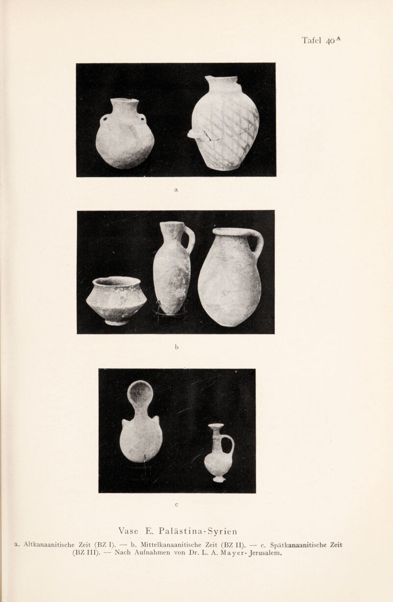 b c Vase E. Palästina-Syrien Altkanaanitische Zeit (BZ I). —• b. Mittelkanaanitische Zeit (BZ II). — c. Spätkanaanitische Zeit (BZ III). — Nach Aufnahmen von Dr. L. A. May er-Jerusalem.