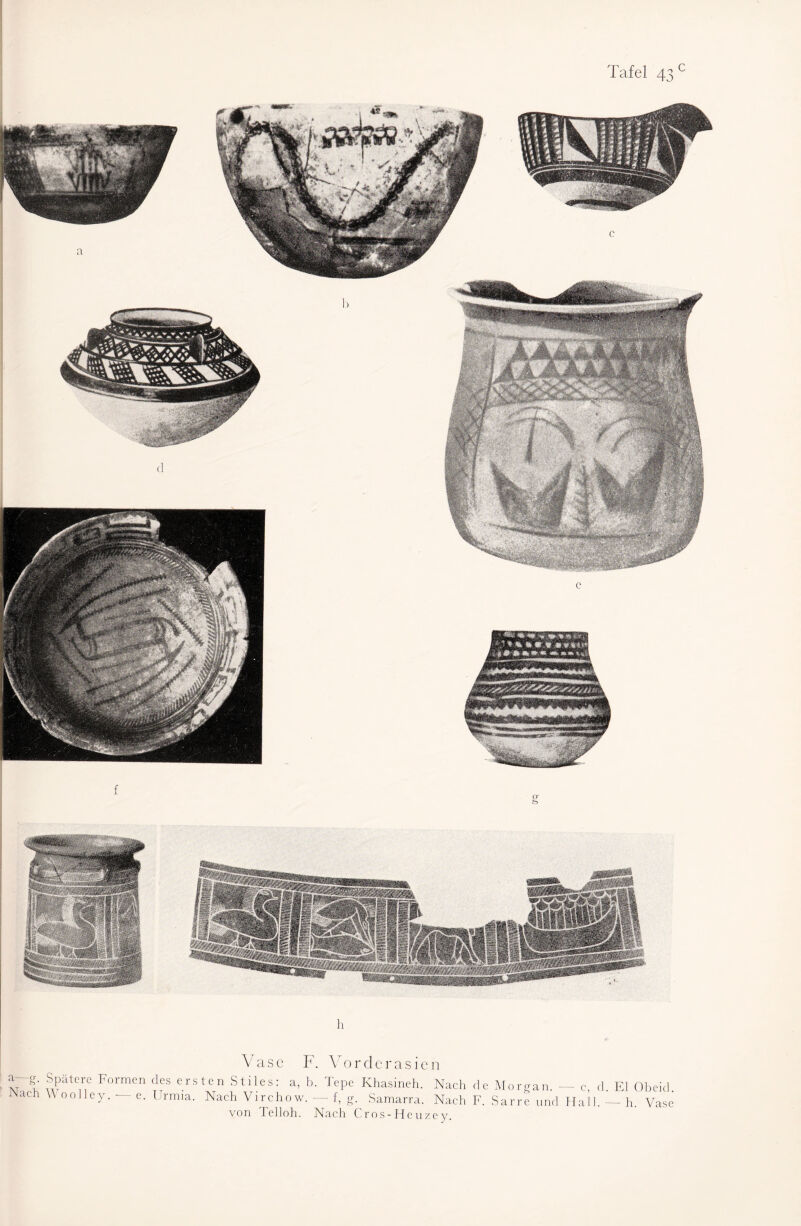 h Vase F. Vorderasien a—g. Spätere Formen des ers te n Stiles: a, b. Tepe Khasineh. Nach Nach Woolley. — e. Urmia. Nach Virchow. — f, g. Samarra. Nach von Telloh. Nach Cros-Hcuzey. de Morgan. — c, d. El Obeid. F. Sarre und Hall. — h. Vase