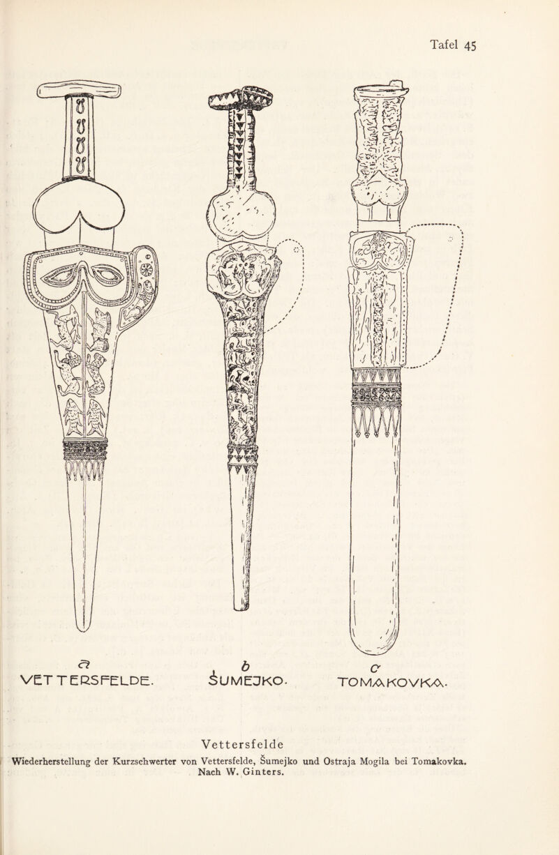 Tafel 45 a VETTERSFELDE. ^UMEÜKO- TOMAKOVKA- Vettersfelde Wiederherstellung der Kurzschwerter von Vettersfelde, Sumejko und Ostraja Mogila bei Tomakovka. Nach W. Ginters.