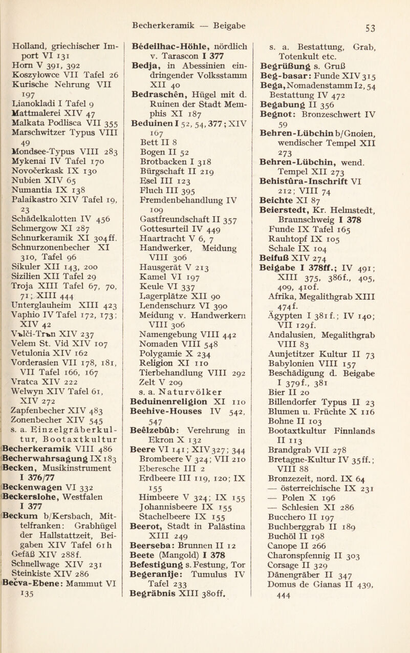 Becherkeramik — Beigabe Holland, griechischer Im¬ port VI 131 Horn V 391, 392 Koszylowce VII Tafel 26 Kurische Nehrung VII 197 Lianokladi I Tafel 9 Mattmalerei XIV 47 Malkata Podlisca VII 355 Marschwitzer Typus VIII 49 Mondsee-Typus VIII 283 Mykenai IV Tafel 170 Novocerkask IX 130 Nubien XIV 65 Numantia IX 138 Palaikastro XIV Tafel 19, 23 Schädelkalotten IV 456 Schmergow XI 287 Schnurkeramik XI 304ff. Schnurzonenbecher XI 310, Tafel 96 Sikuler XII 143, 200 Sizilien XII Tafel 29 Troja XIII Tafel 67, 70, 71; XIII 444 Unterglauheim XIII 423 Vaphio IVTafel 172, 173; XIV 42 V-blöi-Tnm XIV 237 Velem St. Vid XIV 107 Vetulonia XIV 162 Vorderasien VII 178, 181, VII Tafel 166, 167 Vratca XIV 222 Welwyn XIV Tafel 61, XIV 272 Zapfenbecher XIV 483 Zonenbecher XIV 545 s. a. Einzelgräberkul¬ tur, B00taxtkul tur Becherkeramik VIII 486 Becherwahrsagung IX183 Becken, Musikinstrument I 376/77 Beckenwagen VI 332 Beckerslohe, Westfalen I 377 Beckum b/Kersbach, Mit¬ telfranken : Grabhügel der Hallstattzeit, Bei¬ gaben XIV Tafel 61 h Gefäß XIV 288f. Schnellwage XIV 231 Steinkiste XIV 286 ' Becva-Ebene: Mammut VI J35 Bedeilhac-Höhle, nördlich v. Tarascon I 377 Bedja, in Abessinien ein¬ dringender Volksstamm XII 40 Bedraschen, Hügel mit d. Ruinen der Stadt Mem¬ phis XI 187 Beduinen 152,54,377; XIV 167 Bett II 8 Bogen II 52 Brotbacken I 318 Bürgschaft II 219 Esel III 123 Fluch III 395 Fremdenbehandlung IV 109 Gastfreundschaft II 357 Gottesurteil IV 449 Haartracht V 6, 7 Handwerker, Meidung VIII 306 Hausgerät V 213 Kamel VI 197 Keule VI 337 Lagerplätze XII 90 Lendenschurz VI 390 Meidung v. Handwerkern VIII 306 Namengebung VIII 442 Nomaden VIII 548 Polygamie X 234 Religion XI 110 Tierbehandlung VIII 292 Zelt V 209 s. a. Naturvölker Beduinenreligion XI 110 Beehive-Houses IV 542, 547 Beelzebub: Verehrung in Ekron X 132 Beere VI 141; XIV327; 344 Brombeere V 324; VII 210 Eberesche III 2 Erdbeere III 119, 120; IX 155 Himbeere V 324; IX 155 Johannisbeere IX 155 Stachelbeere IX 155 Beerot, Stadt in Palästina XIII 249 Beerseba: Brunnen II 12 Beete (Mangold) I 378 Befestigung s. Festung, Tor Begeranlje: Tumulus IV Tafel 233 Begräbnis XIII 380 ff. s. a. Bestattung, Grab, Totenkult etc. Begrüßung s. Gruß Beg-basar: Funde XIV 315 Bega,Nomadenstamml2,54 Bestattung IV 472 Begabung II 356 Begnot: Bronzeschwert IV 59 Behren-Lübchinb/Gnoien, wendischer Tempel XII 273 Behren-Lübchin, wend. Tempel XII 273 Behistüra-Inschrift VI 212; VIII 74 Beichte XI 87 Beierstedt, Kr. Helmstedt, Braunschweig I 378 Funde IX Tafel 165 Rauh topf IX 105 Schale IX 104 Beifuß XIV 274 Beigabe I 378ff.; IV 491; XIII 375, 386L, 405, 409, 410L Afrika, Megalithgrab XIII 474L Ägypten I 381b; IV 140; VII 129 f. Andalusien, Megalithgrab VIII 83 Aunjetitzer Kultur II 73 Babylonien VIII 157 Beschädigung d. Beigabe I 379f-, 381 Bier II 20 Billendorfer Typus II 23 Blumen u. Früchte X 116 Bohne II 103 Bootaxtkultur Finnlands II 113 Brandgrab VII 278 Bretagne-Kultur IV 35 ff.; VIII 88 Bronzezeit, nord. IX 64 — österreichische IX 231 — Polen X 196 — Schlesien XI 286 Bucchero II 197 Buchberggrab II 189 Buchöl II 198 Canope II 266 Charonspfennig II 303 Corsage II 329 Dänengräber II 347 Domus de Gianas II 439, 444