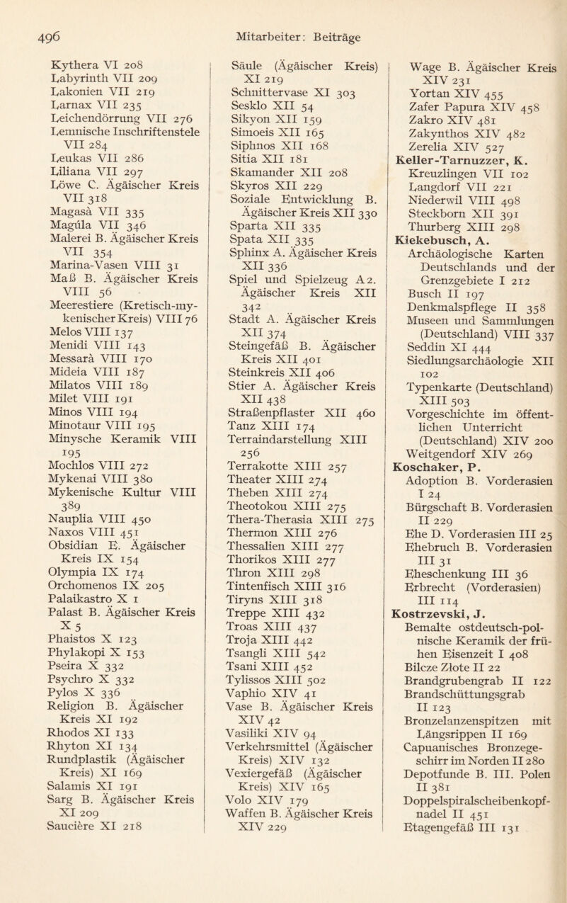 Kythera VI 208 Labyrinth VII 209 Lakonien VII 219 Larnax VII 235 Leichendörrung VII 276 Lemnische Inschriftenstele VII 284 Leukas VII 286 Liliana VII 297 Löwe C. Ägäischer Kreis VII 318 Magasä VII 335 Magüla VII 346 Malerei B. Ägäischer Kreis VII 354 Marina-Vasen VIII 31 Maß B. Ägäischer Kreis VIII 56 Meerestiere (Kretisch-my- kenischer Kreis) VIII76 Melos VIII 137 Menidi VIII 143 Messarä VIII 170 Mideia VIII 187 Milatos VIII 189 Milet VIII 191 Minos VIII 194 Minotaur VIII 195 Minysche Keramik VIII 195 Mochlos VIII 272 Mykenai VIII 380 Mykenische Kultur VIII 389. Nauplia VIII 450 Naxos VIII 451 Obsidian E. Ägäischer Kreis IX 154 Olympia IX 174 Orchomenos IX 205 Palaikastro X 1 Palast B. Ägäischer Kreis X5 Phaistos X 123 Phylakopi X 153 Pseira X 332 Psychro X 332 Pylos X 336 Religion B. Ägäischer Kreis XI 192 Rhodos XI 133 Rhyton XI 134 Rundplastik (Ägäischer Kreis) XI 169 Salamis XI 191 Sarg B. Ägäischer Kreis XI 209 Sauciere XI 218 Säule (Ägäischer Kreis) XI 219 Schnittervase XI 303 Sesklo XII 54 Sikyon XII 159 Simoeis XII 165 Siphnos XII 168 Sitia XII 181 Skamander XII 208 Skyros XII 229 Soziale Entwicklung B. Ägäischer Kreis XII 330 Sparta XII 335 Spata XII 335 Sphinx A. Ägäischer Kreis XII 336 Spiel und Spielzeug A2. Ägäischer Kreis XII ^ 342 Stadt A. Ägäischer Kreis ^ XII 374 Steingefäß B. Ägäischer Kreis XII 401 Steinkreis XII 406 Stier A. Ägäischer Kreis XII 438 Straßenpflaster XII 460 Tanz XIII 174 Terraindarstellung XIII 256 Terrakotte XIII 257 Theater XIII 274 Theben XIII 274 Theotokou XIII 275 Thera-Therasia XIII 275 Thermon XIII 276 Thessalien XIII 277 Thorikos XIII 277 Thron XIII 298 Tintenfisch XIII 316 Tiryns XIII 318 ~ Treppe XIII 432 Troas XIII 437 Troja XIII 442 Tsangli XIII 542 Tsani XIII 452 Tylissos XIII 502 Vaphio XIV 41 Vase B. Ägäischer Kreis XIV 42 Vasiliki XIV 94 Verkehrsmittel (Ägäischer Kreis) XIV 132 Vexiergefäß (Ägäischer Kreis) XIV 165 Volo XIV 179 Waffen B. Ägäischer Kreis XIV 229 W'age B. Ägäischer Kreis XIV 231 Yortan XIV 455 Zafer Papura XIV 458 Zakro XIV 481 Zakynthos XIV 482 Zerelia XIV 527 Reller-Tarmizzer, K. Kreuzlingen VII 102 Langdorf VII 221 Niederwil VIII 498 Steckborn XII 391 Thurberg XIII 298 Kiekebusch, A. Archäologische Karten Deutschlands und der Grenzgebiete I 212 Busch II 197 Denkmalspflege II 358 Museen und Sammlungen (Deutschland) VIII 337 Seddin XI 444 Siedlungsarchäologie XII 102 Typenkarte (Deutschland) XIII 503 Vorgeschichte im öffent¬ lichen Unterricht (Deutschland) XIV 200 Weitgendorf XIV 269 Koschaker, P. Adoption B. Vorderasien I 24 Bürgschaft B. Vorderasien II 229 Ehe D. Vorderasien III 25 Ehebruch B. Vorder asien III 31 Eheschenkung III 36 Erbrecht (Vorderasien) III 114 Kostrzevski, J. Bemalte ostdeutsch-pol¬ nische Keramik der frü¬ hen Eisenzeit I 408 Bilcze Zlote II 22 Brandgrubengrab II 122 Brandschüttungsgrab II 123 Bronzelanzenspitzen mit Längsrippen II 169 Capuanisches Bronzege¬ schirr im Norden II280 Depotfunde B. III. Polen II 381 D oppelspir alscheibenkopf - nadel II 451 Etagengefäß III 131