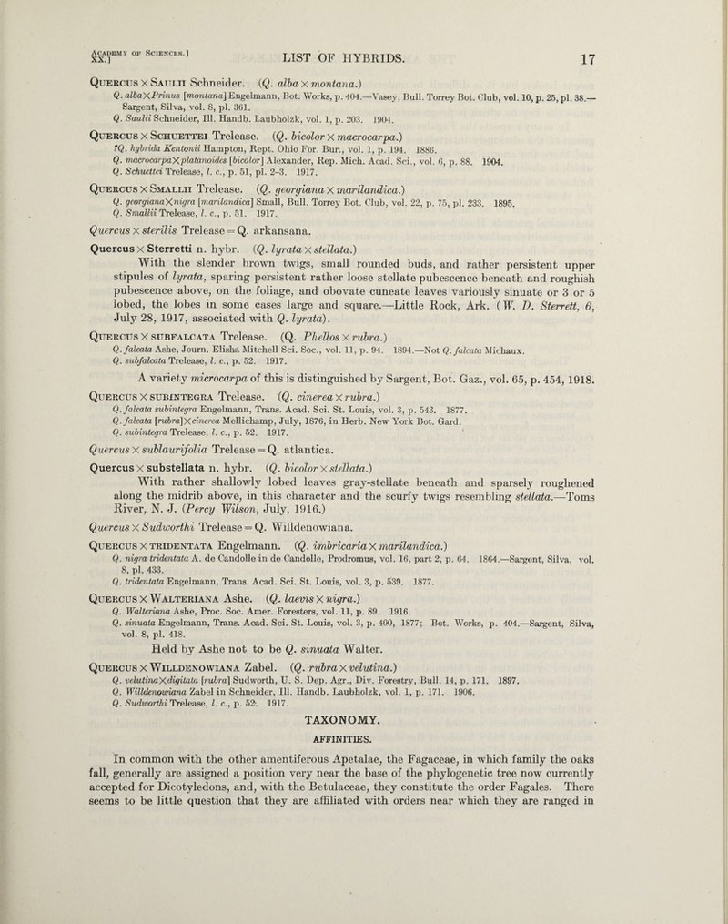 XX.] LIST OF HYBRIDS. 17 Quercus X Saulti Schneider. (Q. albaxmontana.) Q. albaXPrinus [:Montana] Engelmann, Bot. Works, p. 404.—Vasey, Bull. Torrey Bot. Club, vol. 10, p. 25, pi. 38.— Sargent, Silva, vol. 8, pi. 361. Q. Saulii Schneider, Ill. Handb. Laubholzk, vol. 1, p. 203. 1904. Quercus X Schuettei Trelease. {Q. bicolor x macrocar pa) ?Q. hybrida Kentonii Hampton, Rept. Ohio For. Bur., vol. 1, p. 194. 1886. Q- macrocarpaXplatanoides [bicolor] Alexander, Rep. Mich. Acad. Sci., vol. 6, p. 88. 1904. Q. Schuettei Trelease, l. c., p. 51, pi. 2-3. 1917. Quercus X Smallii Trelease. (Q. georgianaxmarilandica.) Q. georgianaXnigra [marilandica] Small, Bull. Torrey Bot. Club, vol. 22, p. 75, pi. 233. 1895. Q. Smallii Trelease, l. c., p. 51. 1917. Quercus X sterilis Trelease = Q. arkansana. Quercus x Sterretti n. hybr. (Q. lyrataXstellata.) With the slender brown twigs, small roimded buds, and rather persistent upper stipules of lyrata, sparing persistent rather loose stellate pubescence beneath and roughish pubescence above, on the foliage, and obovate cuneate leaves variously sinuate or 3 or 5 lobed, the lobes in some cases large and square.—Little Rock, Ark. (IF. D. Sterrett, 6, July 28, 1917, associated with Q. lyrata). Quercus X subfalcata Trelease. (Q. Phellos X rubra.) Q.falcata Ashe, Journ. Elisha Mitchell Sci. Soc., vol. 11, p. 94. 1894.—Not Q.falcala Michaux. Q. subfalcata Trelease, Z. c., p. 52. 1917. A variety microcarpa of this is distinguished by Sargent, Bot. Gaz., vol. 65, p. 454, 1918. Quercus X subintegra Trelease. (Q. cinerea X rubra.) Q. falcala subintegra Engelmann, Trans. Acad. Sci. St. Louis, vol. 3, p. 543. 1877. Q.falcata [rubra]X cinerea Mellichamp, July, 1876, in Herb. New York Bot. Gard. Q. subintegra Trelease, l. c., p. 52. 1917. Quercus xsublaurifolia Trelease = Q. atlantica. Quercus x substellata n. hybr. (Q. bicolor Xstellata.) With rather shallowly lobed leaves gray-stellate beneath and sparsely roughened along the midrib above, in this character and the scurfy twigs resembling stellata.—Toms River, N. J. {Percy Wilson, July, 1916.) Quercus X Sudworthi Trelease = Q. Willdenowiana. Quercus X tridentata Engelmann. {Q. imbricariaX'marilandica.) Q. nigra tridentata A. de Candolle in de Candolle, Prodromus, vol. 16, part 2, p. 64. 1864.—Sargent, Silva, vol. 8, pi. 433. Q. tridentata Engelmann, Trans. Acad. Sci. St. Louis, vol. 3, p. 539. 1877. Quercus X Walteriana Ashe. {Q. laevis X nigra.) Q. Walteriana Ashe, Proc. Soc. Amer. Foresters, vol. 11, p. 89. 1916. Q. sinuata Engelmann, Trans. Acad. Sci. St. Louis, vol. 3, p. 400, 1877; Bot. Works, p. 404.—Sargent, Silva, vol. 8, pi. 418. Held by Ashe not to be Q. sinuata Walter. Quercus X Willdenowiana Zabel. {Q. rubra X velutina.) Q. velutinaXdigitata [rubra] Sudworth, U. S. Dep. Agr., Div. Forestry, Bull. 14, p. 171. 1897. Q. Willdenowiana Zabel in Schneider, Ill. Handb. Laubholzk, vol. 1, p. 171. 1906. Q. Sudworthi Trelease, l. c., p. 52-. 1917. TAXONOMY. AFFINITIES. In common with the other amentiferous Apetalae, the Fagaceae, in which family the oaks fall, generally are assigned a position very near the base of the phylogenetic tree now currently accepted for Dicotyledons, and, with the Betulaceae, they constitute the order Fagales. There seems to be little question that they are affiliated with orders near which they are ranged in