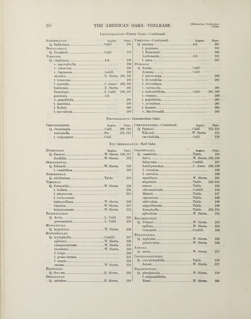 Sadlerianae. Q. Sadleriana. Douglasieae. Q. Douglasii. Virentes. Q. virginiana.. v. macrophylla v. virescens_ v. Sagraeana... oleoides. f. lutescens_ f. australis. fusiformis. Brandegei. geminata. v. grandifolia.. f. maritima_ f. Rolfsii. f. succulenta... Chrysolepides. Q. ehrysolepis.. tomentella... f. conj ungens Durifoliae. Q. Emoryi. durifolia. Oligodontae. Q. Eduardi. f. cespitifera_ Nitidissimae. Q. nitidissima. Vimineae. Q. Duraznillo.. f. bullata. f. pinetorum_ f. cochutensis. balsequillana... viminea. bolanyosensis.. Peninsulares. Q. devia. peninsularis.... Hypoleucae. Q. hypoleuca. SCYTOPHYLLAE. Q. scytophylla_ epileuca. campanariensis incarnata. f. longa.. f. grosse-serrata f. ampla. omissa. Floccosae. Q. floccosa. OrIZAB AE AE. Q. orizabae. Leucobalanus—White Oaks—Continued. Region. Plate. Calif. 188 Calif. 188 Atl. 189 . 190 . 190 Antill. 189 E. Sierra. 191,192 . 194 C.Amer. 192,193 E. Sierra. 195 L. Calif. 196,197 Atl. . 198 . 198 . 200 . 199 Virentes—Continued. Q. minima. f. pygmaea. f. Reasoneri. Andromeda. f. nana. Dumosae. Q. durata. dumosa. f. microcarpa. f. diversifolia. f. Alvordiana. v. turbinella. f. berberidifolia... f. crispata. f. populifolia. v. acutidens. f. linearis. v. MacDonaldi_ Protobalanus—Intermediate Oaks. Region. Plate. .Calif. 209,210 Pac. 211,212 Calif. Chrysolepides—Continued. Q. Palmeri. Wilcoxii. vaccinifolia. Ery throbalanus—Red Oaks. Region. Plate. W. Sierra. 216, 217 W: Sierra. 218 W. Sierra. 219 . 219 Table. 218 W. Sierra. 220 . 221 . 221 W. Sierra. 220 W. Sierra. 222 W. Sierra. 223 ,L. Calif. 224 L. Calif. 225 .W. Sierra. 226 .Cordill. 227 ,W. Sierra. 229 W. Sierra. 228 ,W. Sierra. 230 . 230 . 231 . 229 W. Sierra. 231 E. Sierra. 232 E. Sierra. 233 Crassifoliae. Q. crassifolia. fulva. felipensis. brachystachys... f. venulosa. f. caerulea. moreliana. stipularis. err a ns.. chicamolensis... Hahnii. esperanzae. orbiculata. miguelitensis.... dysophylla. splendens. Racemiflorae. Q. Urbani. radiata. Conzattii.. Penniveniae. Q. tepicana. pennivenia. Aereae. Q. aerea. COCCOLOB AEFOLIAE. Q. coccolobaefolia.. Jonesi. Planipoculae. Q. planipocula. f. subsessilifolia. Rosei. [Memoirs National [Vou Region. Atl. Atl. Plate. 201 201 200 202 202 Calif. Calif. . 203 . 205 . 206 Calif. 207,208 . 208 . 204 . 204 . 205 . 203 Region. Plate. .Calif. 213,214 W. Sierra. 215 .Calif. 210 Region. Plate. Table. 234 W. Sierra. 235, 236 Cordill. 237 C.Amer. 238,239 _ 240 240 W. Sierra. 241 Table. 242-244 Table. 245 Cordill. 246 Table. 247 Table. 248 Table. 249 Table. 249 Table. 250,251 W. Sierra. 252 W. Sierra. 253 W. Sierra. 253 Cordill. 254 W. Sierra. 255 W. Sierra. 256 W. Sierra. 257 Table. 258 W. Sierra. 257 W. Sierra. 259 W. Sierra. 260