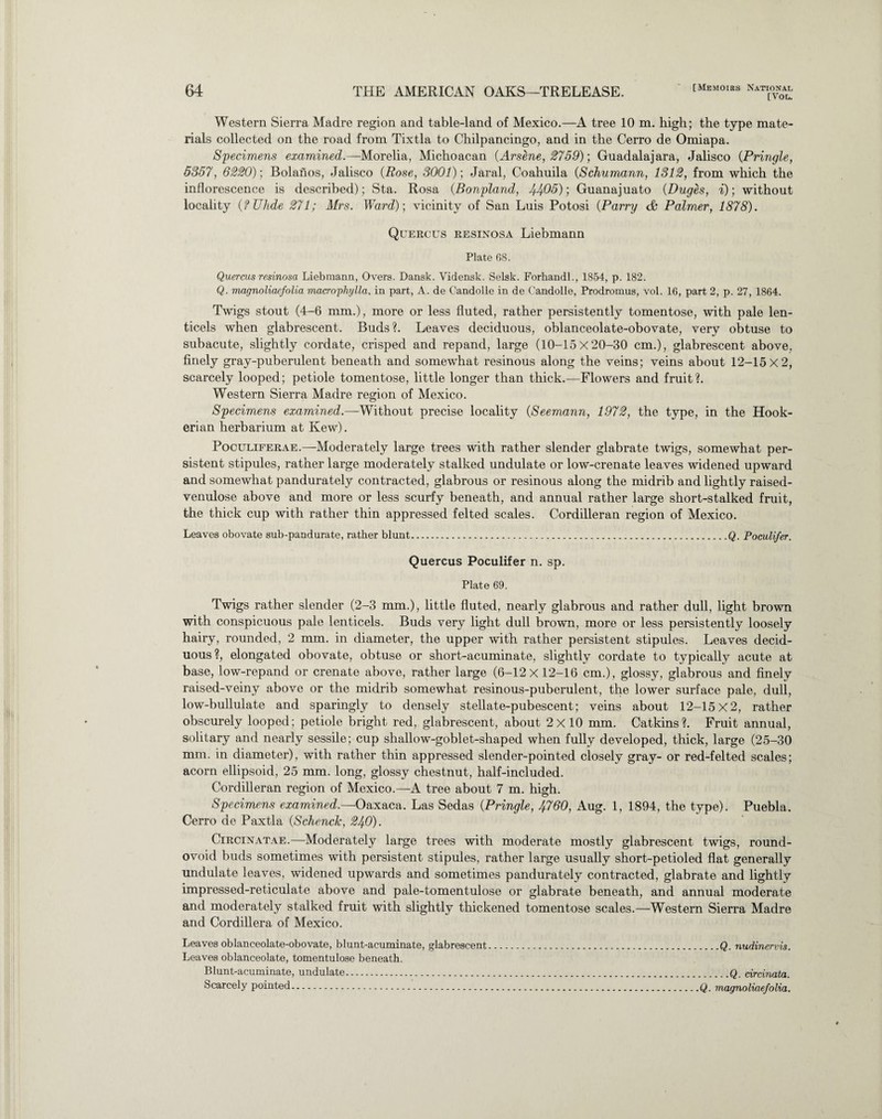 [You Western Sierra Madre region and table-land of Mexico.—A tree 10 m. high; the type mate¬ rials collected on the road from Tixtla to Chilpancingo, and in the Cerro de Omiapa. Specimens examined.—Morelia, Michoacan (Arsene, 2759); Guadalajara, Jalisco (Pringle, 5357, 6220)\ Bolanos, Jalisco (Rose, 3001); Jaral, Coahuila (Schumann, 1312, from which the inflorescence is described); Sta. Rosa (Bonpland, JJ0J); Guanajuato (Duges, i); without locality (tUhde 271; Mrs. Ward); vicinity of San Luis Potosi (Parry <& Palmer, 1878). Quercus resinosa Liebmann Plate 68. Quercus resinosa Liebmann, Overs. Dansk. Yidensk. Selsk. Forhandl., 1854, p. 182. Q. magnoliaefolia macrophylla, in part, A. de Candolle in de Candolle, Prodromus, vol. 16, part 2, p. 27, 1864. Twigs stout (4-6 mm.), more or less fluted, rather persistently tomentose, with pale len- ticels when glabrescent. Buds?. Leaves deciduous, oblanceolate-obovate, very obtuse to subacute, slightly cordate, crisped and repand, large (10-15x20-30 cm.), glabrescent above, finely gray-puberulent beneath and somewhat resinous along the veins; veins about 12-15x2, scarcely looped; petiole tomentose, little longer than thick.—Flowers and fruit?. Western Sierra Madre region of Mexico. Specimens examined.—Without precise locality (Seemann, 1972, the type, in the Hook- erian herbarium at Kew). Poculiferae.—Moderately large trees with rather slender glabrate twigs, somewhat per¬ sistent stipules, rather large moderately stalked undulate or low-crenate leaves widened upward and somewhat pandurately contracted, glabrous or resinous along the midrib and lightly raised- venulose above and more or less scurfy beneath, and annual rather large short-stalked fruit, the thick cup with rather thin appressed felted scales. Cordilleran region of Mexico. Leaves obovate sub-pandurate, rather blunt.Q. Poculifer. Quercus Poculifer n. sp. Plate 69. Twigs rather slender (2-3 mm.), little fluted, nearly glabrous and rather dull, light brown with conspicuous pale lenticels. Buds very light dull brown, more or less persistently loosely hairy, rounded, 2 mm. in diameter, the upper with rather persistent stipules. Leaves decid¬ uous?, elongated obovate, obtuse or short-acuminate, slightly cordate to typically acute at base, low-repand or crenate above, rather large (6-12 X 12-16 cm.), glossy, glabrous and finely raised-veiny above or the midrib somewhat resinous-puberulent, the lower surface pale, dull, low-bullulate and sparingly to densely stellate-pubescent; veins about 12-15X2, rather obscurely looped; petiole bright red, glabrescent, about 2x10 mm. Catkins?. Fruit annual, solitary and nearly sessile; cup shallow-goblet-shaped when fully developed, thick, large (25-30 mm. in diameter), with rather thin appressed slender-pointed closely gray- or red-felted scales; acorn ellipsoid, 25 mm. long, glossy chestnut, half-included. Cordilleran region of Mexico.—A tree about 7 m. high. Specimens examined.—Oaxaca. Las Sedas (Pringle, 4760, Aug. 1, 1894, the type). Puebla. Cerro de Paxtla (Schenck, 24-0). Circinatae.—Moderately large trees with moderate mostly glabrescent twigs, round- ovoid buds sometimes with persistent stipules, rather large usually short-petioled flat generally undulate leaves, widened upwards and sometimes pandurately contracted, glabrate and lightly impressed-reticulate above and pale-tomentulose or glabrate beneath, and annual moderate and moderately stalked fruit with slightly thickened tomentose scales.—Western Sierra Madre and Cordillera of Mexico. Leaves oblanceolate-obovate, blunt-acuminate, glabrescent.Q. nudinervis. Leaves oblanceolate, tomentulose beneath. Blunt-acuminate, undulate..........Q circinata. Scarcely pointed.magnoliaefolia.