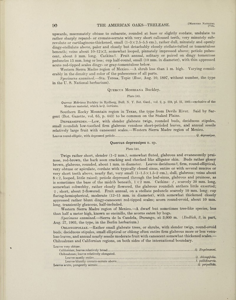 upwards, mucronately obtuse to subacute, rounded at base or slightly cordate, undulate to rather sharply repand- or crenate-serrate with very short calloused teeth, very minutely sub- revolute or cartilaginous-thickened, small (1-3x2.5-5.5 cm.), rather dull, minutely and openly dingy-stellulate above, paler and closely but detachably closely stellate-tufted or tomentulose beneath; veins about 10-12x2, somewhat looped, pinnately impressed above; petiole pubes¬ cent, about 3 mm. long. Catkins?. Fruit annual, solitary or paired on dingy tomentose peduncles 15 mm. long or less; cup half-round, small (10 mm. in diameter), with thin appressed acute red-tipped scales dingy- or gray-tomentulose below. Western Sierra Madre region of Mexico.—A shrub less than 1 m. high. Varying consid¬ erably in the density and color of the pubescence of all parts. Specimens examined.—Sin. Teresa, Tepic (Rose, Aug. 10, 1897, without number, the type in the U. S. National herbarium). Quercus Mohriana Buckley. Plate 143. Quercus Mohriana Buckley in Rydberg, Bull. N. Y. Bot. Gard., vol. 2, p. 219, pi. 31, 1901—exclusive of the Mexican material, which is Q. intricata. Southern Rocky Mountain region in Texas, the type from Devils River. Said by Sar¬ gent (Bot. Gazette, vol. 65, p. 443) to be common on the Staked Plains. Depressipedes.—Low, with slender glabrate twigs, rounded buds, deciduous stipules, small roundish low-toothed firm glabrous venulose short-petioled leaves, and annual sessile relatively large fruit with canescent scales.—Western Sierra Madre region of Mexico. Leaves round-elliptic, with depressed petiole.-.Q• depressipes. Quercus depressipes n. sp. Plate 144. Twigs rather short, slender (1-2 mm.), somewhat fluted, glabrous and evanescently prui- nose, red-brown, the bark soon cracking and checked like alligator skin. Buds rather glossy brown, glabrous, rounded, about 1 mm. in diameter. Leaves deciduous ?, firm, round-elliptical, very obtuse or apiculate, cordate with typically closed sinus, entire or with several mucros or very short teeth above, nearly flat, very small (1-1.5X 1.5-2 cm.), dull, glabrous; veins about 8x2, looped, little raised; petiole depressed through the leaf-sinus, glabrous and pruinose, as is sometimes the base of the midrib beneath, 1X2 mm. Catkins: d , scarcely 20 mm. long, somewhat cobwebby, rather closely flowered, the glabrous roundish anthers little exserted; $ , short, about 2-flowered. Fruit annual, on a stellate peduncle scarcely 10 mm. long; cup flaring-hemispherical, moderate (12—15 mm. in diameter), with somewhat thickened closely appressed rather blunt dingy-canescent red-tipped scales; acorn round-ovoid, about 10 mm. long, transiently glaucous, half-included. Western Sierra Madre region of Mexico.—A dwarf but sometimes tree-like species, less than half a meter high, known as encinillo, the acorns eaten by hogs. Specimens examined.—Sierra de la Candela, Durango, at 3,000 m. (Endlich, 3, in part, Aug. 27, 1903, the type, in the Berlin herbarium.) Oblongifoliae.—Rather small glabrate trees, or shrubs, with slender twigs, round-ovoid buds, deciduous stipules, small elliptical or oblong often entire firm glabrous more or less venu¬ lose leaves, and annual nearly sessile moderate fruit with canescent somewhat thickened scales.— Chihuahuan and Californian regions, on both sides of the international boundary. Leaves very obtuse. Californian; leaves relatively broad..Q• Engelmanni. Chihuahuan; leaves relatively elongated. Leaves mostly entire.Q- oblongifolia. Leaves bluntly crenate-serrate above.f- pallidinervis. Leaves acute, pungently serrate...Q- perpallida.