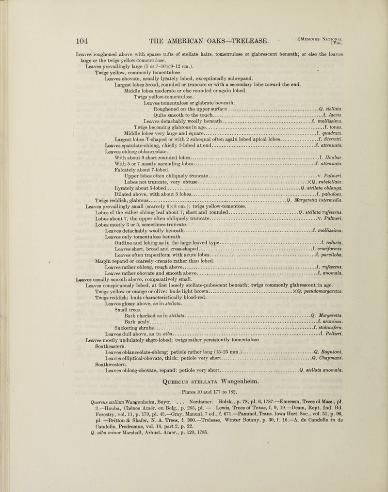 [Vol. Leaves roughened above with sparse tufts of stellate hairs, tomentulose or glabrescent beneath; or else the leaves large or the twigs yellow-tomentulose. Leaves prevailingly large (5 or 7-10X9-12 cm.). Twigs yellow, commonly tomentulose. Leaves obovate, usually lyrately lobed, exceptionally subrepand. Largest lobes broad, rounded or truncate or with a secondary lobe toward the end. Middle lobes moderate or else rounded or again lobed. Twigs yellow-tomentulose. Leaves tomentulose or glabrate beneath. Roughened on the upper surface.Q. stellata. Quite smooth to the touch.f. laevis. Leaves detachably woolly beneath.f. mollissima. Twigs becoming glabrous in age.f. tonsa. Middle lobes very large and square.f. quadrata. Largest lobes T-shaped or with 2 subequal often again lobed apical lobes.f. Sterretti. Leaves spatulate-oblong, chiefly 3-lobed at end.f. attenuata. Leaves oblong-oblanceolate. With about 9 short rounded lobes.f. Houbae. With 5 or 7 mostly ascending lobes.f. attenuata. Falcately about 7-lobed. Upper lobes often obliquely truncate.v. Palmeri. Lobes not truncate, very obtuse.XQ- substellata. Lyrately about 5-lobed.Q. stellata oblonga. Dilated above, with about 3 lobes.f. paludosa. Twigs reddish, glabrous.-.Q. Margaretta intermedia. Leaves prevailingly small (scarcely 6X8 cm.); twigs yellow-tomentose. Lobes of the rather oblong leaf about 7, short and rounded.Q. stellata rufescens. Lobes about 7, the upper often obliquely truncate.v. Palmeri. Lobes mostly 3 or 5, sometimes truncate. Leaves detachably woolly beneath.f. mollissima. Leaves only tomentulose beneath. Outline and lobing as in the large-leaved type.f. reducta. Leaves short, broad and cross-shaped.f. cruci/ormis. Leaves often trapeziform with acute lobes.f. parviloba. Margin repand or coarsely crenate rather than lobed. Leaves rather oblong, rough above.f. rufescens. Leaves rather obovate and smooth above.f. anomala. Leaves usually smooth above, comparatively small. Leaves conspicuously lobed, at first loosely stellate-pubescent beneath; twigs commonly glabrescent in age. Twigs yellow or orange or olive: buds light brown.XQ. pseudomargaretta. Twigs reddish: buds characteristically blood-red. Leaves glossy above, as in stellata. Small trees. Bark checked as in stellata.Q. Margaretta. Bark scaly..f. araniosa. Suckering shrubs.f. stolonifera. Leaves dull above, as in alba.f. Peltieri. Leaves mostly undulately short-lobed; twigs rather persistently tomentulose. Southeastern. Leaves oblanceolate-oblong; petiole rather long (15-25 mm.).Q. Boyntoni. Leaves elliptical-obovate, thick; petiole very short.Q. Chapmani. Southwestern. Leaves oblong-obovate, repand: petiole very short.Q. stellata anomala. Quercus stellata Wangenheim. Plates 10 and 177 to 182. Quercus stellata Wangenheim, Beytr. . . . Nordamer. Holzk., p. 78, pi. 6,1787.—Emerson, Trees of Mass., pi. 3.—Houba, Chenes Amer. en Belg., p. 265, pi. — Lewis, Trees of Texas, f. 9, 19.—Deam, Rept. Ind. Bd. Forestry, vol. 11, p. 179, pi. 45.—Gray, Manual, 7 ed., f. 671.—Pammel, Trans. Iowa Hort. Soc., vol. 51, p. 96, pi. —Britton & Shafer, N. A. Trees, f. 300.—Trelease, Winter Botany, p. 30, f. 16.—A. de Candolle in de Candolle, Prodromus, vol. 16, part 2, p. 22. Q. alba minor Marshall, Arbust. Amer., p. 120, 1785.