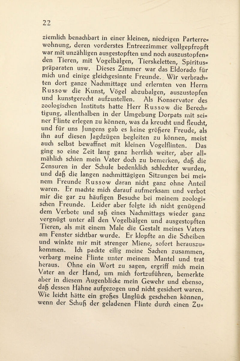 ziemlich benachbart in einer kleinen, niedrigen Parterre* wohnung, deren vorderstes Entreezimmer vollgepfropft war mit unzähligen ausgestopften und noch auszustopfen* den Tieren, mit Vogelbälgen, Tierskeletten, Spiritus* Präparaten usw. Dieses Zimmer war das Eldorado für mich und einige gleichgesinnte Freunde. Wir verbrach* ten dort ganze Nachmittage und erlernten von Herrn Russow die Kunst, Vögel abzubalgen, auszustopfen und kunstgerecht aufzustellen. Als Konservator des zoologischen Instituts hatte Herr Russow die Berech* tigung, allenthalben in der Umgebung Dorpats mit sei* ner Flinte erlegen zu können, was da kreucht und fleucht, und für uns Jungens gab es keine größere Freude, als ihn auf diesen Jagdzügen begleiten zu können, meist auch selbst bewaffnet mit kleinen Vogelflintcn. Das ging so eine Zeit lang ganz herrlich weiter, aber all* mählich schien mein Vater doch zu bemerken, daß die Zensuren in der Schule bedenklich schlechter wurden, und daß die langen nachmittägigen Sitzungen bei mei* nem Freunde Russow daran nicht ganz ohne Anteil waren. Er machte mich darauf aufmerksam und verbot mir die gar zu häufigen Besuche bei meinem zoologi* sehen Freunde. Leider aber folgte ich nicht genügend dem Verbote und saß eines Nachmittags wieder ganz vergnügt unter all den Vogelbälgen und ausgestopften Tieren, als mit einem Male die Gestalt meines Vaters am Fenster sichtbar wurde. Er klopfte an die Scheiben und winkte mir mit strenger Miene, sofort herauszu* kommen. Ich packte eilig meine Sachen zusammen, verbarg meine Flinte unter meinem Mantel und trat heraus. Ohne ein Wort zu sagen, ergriff mich mein Vater an der Hand, um mich fortzuführen, bemerkte aber in diesem Augenblicke mein Gewehr und ebenso, daß dessen Hähne aufgezogen und nicht gesichert waren. Wie leicht hätte ein großes Unglück geschehen können, wenn der Schuß der geladenen Flinte durch einen Zu*