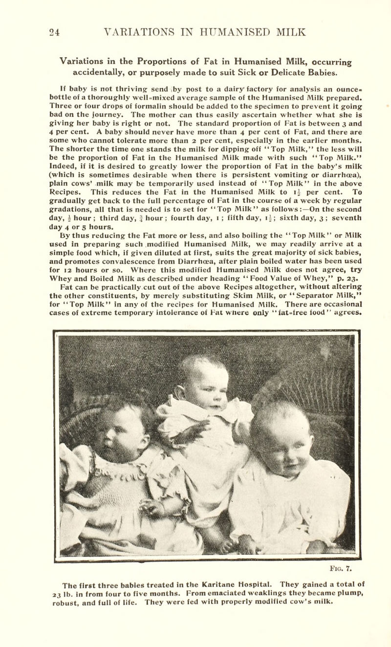 Variations in the Proportions of Fat in Humanised Milk, occurring accidentally, or purposely made to suit Sick or Delicate Babies. If baby is not thriving send by post to a dairy factory for analysis an ounce* bottle of a thoroughly welUmixed average sample of the Humanised Milk prepared. Three or four drops of formalin should be added to the specimen to prevent it going bad on the journey. The mother can thus easily ascertain whether what she is giving her baby is right or not. The standard proportion of Fat is between 3 and 4 per cent. A baby should never have more than 4 per cent of Fat, and there are some who cannot tolerate more than 2 per cent, especially in the earlier months. The shorter the time one stands the milk for dipping off “Top Milk,” the less will be the proportion of Fat in the Humanised Milk made with such “Top Milk.” Indeed, if it is desired to greatly lower the proportion of Fat in the baby’s milk (which is sometimes desirable when there is persistent vomiting or diarrhoea), plain cows’ milk may be temporarily used instead of “Top Milk” in the above Recipes. This reduces the Fat in the Humanised Milk to ij per cent. To gradually get back to the full percentage of Fat in the course of a week by regular gradations, all that is needed is to set for “Top Milk” as follows:—On the second day, A hour ; third day, J hour ; fourth day, 1 ; fifth day, iA ; sixth day, 3 ; seventh day 4 or 5 hours. By thus reducing the Fat more or less, and also boiling the “Top Milk ” or Milk used in preparing such .modified Humanised Milk, we may readily arrive at a simple food which, if given diluted at first, suits the great majority of sick babies, and promotes convalescence from Diarrhoea, after plain boiled water has been used for 12 hours or so. Where this modified Humanised Milk does not agree, try Whey and Boiled Milk as described under heading “ Food Value of Whey,” p. 23. Fat can be practically cut out of the above Recipes altogether, without altering the other constituents, by merely substituting Skim Milk, or “Separator Milk,” for “Top Milk” in any of the recipes for Humanised Milk. There are occasional cases of extreme temporary intolerance of Fat where only “fat=free food” agrees. Fio. 7. The first three babies treated in the Karitane Hospital. They gained a total of 23 lb. in from four to five months. From emaciated weaklings they became plump, robust, and full of life. They were fed with properly modified cow’s milk.