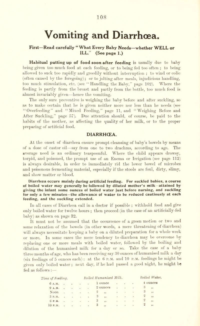 Vomiting and Diarrhoea. First—Read carefully “What Every Baby Needs—whether WELL or ILL. ’ (See page 1.) Habitual putting up of food soon after feeding is usually clue to baby being given too much food at each feeding, or to being fed too often ; to being allowed to suck too rapidly and greedily without interruption ; to wind or colic (often caused by the foregoing); or to jolting after meals, injudicious handling, too much stimulation, etc. (see “Handling the Baby,” page 102). Where the feeding is partly from the breast and partly from the bottle, too much food is almost invariably given—hence the vomiting. The only sure preventive is weighing the baby before and after suckling, so as to make certain that he is given neither more nor less than he needs (see “Overfeeding” and “Mixed Feeding,” page 11, and “Weighing Before and After Suckling,” page 57). Due attention should, of course, be paid to the habits of the mother, as affecting the quality of her milk, or to the proper preparing of artificial food. DIARRHOEA. At the onset of diarrhoea ensure prompt cleansing of baby’s bowels by means of a dose of castor oil—say from one to two drachms, according to age. The average need is an ordinary teaspoonful. Where the child appears drowsy, torpid, an cl poisoned, the prompt use of an Enema or Irrigation (see page 112) is always desirable, in order to immediately rid the lower bowel of microbes and poisonous fermenting material, especially if the stools are foul, dirty, slimy, and show matter or blood. Diarrhoea occurs mainly during artificial feeding. For suckled babies, a course of boiled water may generally be followed by diluted mother’s milk attained by giving the infant some ounces of boiled water just before nursing, and suckling for only a few minutes—the allowance of water to be reduced cautiously at each feeding, and the suckling extended. In all cases of Diarrhoea call in a doctor if possible ; withhold food and give only boiled water for twelve hours ; then proceed (in the case of an artificially-fed baby) as shown on page 32. It must not be assumed that the occurrence of a green motion or two and some relaxation of the bowels (in other words, a mere threatening of diarrhoea) will always necessitate keeping a baby on a diluted preparation lor a whole week or more. In some cases the mere tendency to diarrhoea may be overcome by replacing one or more meals with boiled water, followed by the boiling and dilution of the humanised milk for a day or so. Take the case of a baby three mont hs of age, who has been receiving say 30 ounces of humanised milk a day (six feedings of 5 ounces each): at the 6 p.m. and 10 i-.m. feedings he might be given only boiled water ; next day, if he had passed a good night, he might be fed as follows :— Time of Feeding. 6 A.M. 9 A.M. . Noon 3 P.M. G P.M. 10 P.M. Foiled Humanised Milk. . 1 ounce . 2 ounces Foiled Water. 4 ounces 3 „ 3 „ o * »» o - i> 2 3 3 3