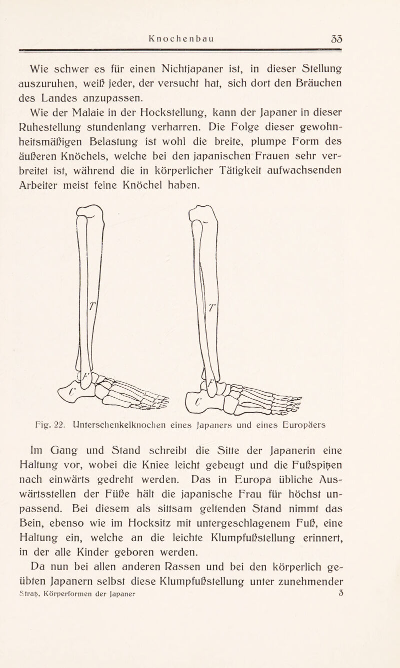 Wie schwer es für einen Nichtjapaner ist, in dieser Stellung auszuruhen, weiß jeder, der versucht hat, sich dort den Bräuchen des Landes anzupassen. Wie der Malaie in der Hockstellung, kann der Japaner in dieser Ruhestellung stundenlang verharren. Die Folge dieser gewohn¬ heitsmäßigen Belastung ist wohl die breite, plumpe Form des äußeren Knöchels, welche bei den japanischen Frauen sehr ver¬ breitet ist, während die in körperlicher Tätigkeit aufwachsenden Arbeiter meist feine Knöchel haben. Fig. 22. Unterschenkelknochen eines Japaners und eines Europäers Im Gang und Stand schreibt die Sitte der Japanerin eine Haltung vor, wobei die Kniee leicht gebeugt und die Fußspitzen nach einwärts gedreht werden. Das in Europa übliche Aus¬ wärtsstellen der Füße hält die japanische Frau für höchst un¬ passend. Bei diesem als sittsam geltenden Stand nimmt das Bein, ebenso wie im Hocksitz mit untergeschlagenem Fuß, eine Haltung ein, welche an die leichte Klumpfußslellung erinnert, in der alle Kinder geboren werden. Da nun bei allen anderen Rassen und bei den körperlich ge¬ übten Japanern selbst diese Klumpfußstellung unter zunehmender