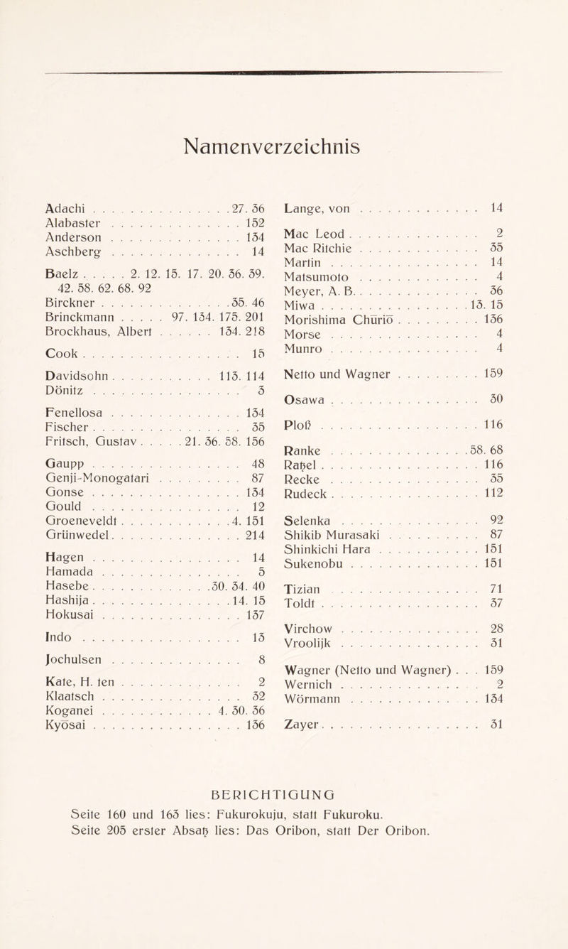 Adachi.27.36 Alabaster.152 Anderson.134 Aschberg. 14 Baelz. 2. 12. 15. 17. 20. 56. 39. 42. 58. 62. 68. 92 Birckner.55. 46 Brinckmann. 97. 134. 175. 201 Brockhaus, Albert.154. 218 Cook. 15 Lange, von. 14 Mac Leod. 2 Mac Ritchie. 35 Martin. 14 Matsumoto. 4 Meyer, A. B. 36 Miwa.13. 15 Morishima Chüriö.156 Morse. 4 Munro. 4 Davidsohn.. 115. 114 Dönitz. 5 Fenellosa.154 Fischer. 35 Fritsch, Gustav. 21. 36. 58. 156 Gaupp. 48 GenjFMonogalari. 87 Gonse.154 Gould... 12 Groeneveldt.4. 151 Grünwedel.214 Hagen . Hamada Hasebe . Hashija . Hokusai ... 14 ... 5 30. 54. 40 . .14. 15 ... 157 Indo . . . . Jochulsen . Kate, H. len Klaatsch . . Koganei . . Kyösai . . . . . . 13 . . . 8 . . . 2 . . . 32 4. 50. 36 . . . 156 Netto und Wagner.159 Osawa. 30 Ploß.116 Ranke. 58.68 Rattel.116 Recke. 35 Rudeck.112 Selenka . 92 Shikib Murasaki.. 87 Shinkichi Hara.151 Sukenobu.151 Tizian. 71 Toldt. 37 Virchow. 28 Vroolijk. 51 Wagner (Netto und Wagner) . . . 159 Wernich. 2 Wörmann.. . 154 Zayer. 51 BERICHTIGUNG Seite 160 und 165 lies: Fukurokuju, statt Fukuroku. Seite 205 erster Absatz lies: Das Oribon, statt Der Oribon.