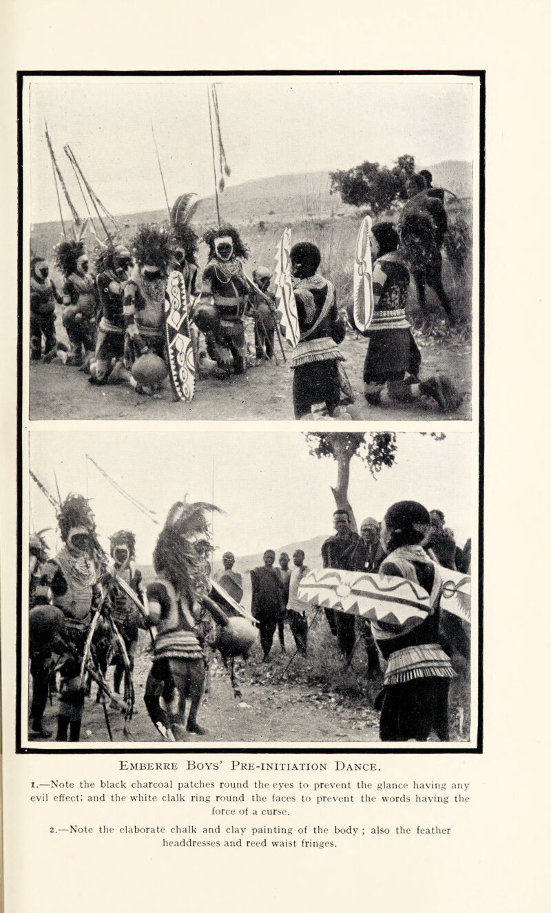 Emberre Boys’ Pre-initiation Dance. i.—Note the black charcoal patches round the eyes to prevent the glance having any evil effect; and the white clalk ring round the faces to prevent the words having the force of a curse. 2.—Note the elaborate chalk and clay painting of the body ; also the feather headdresses and reed waist fringes.