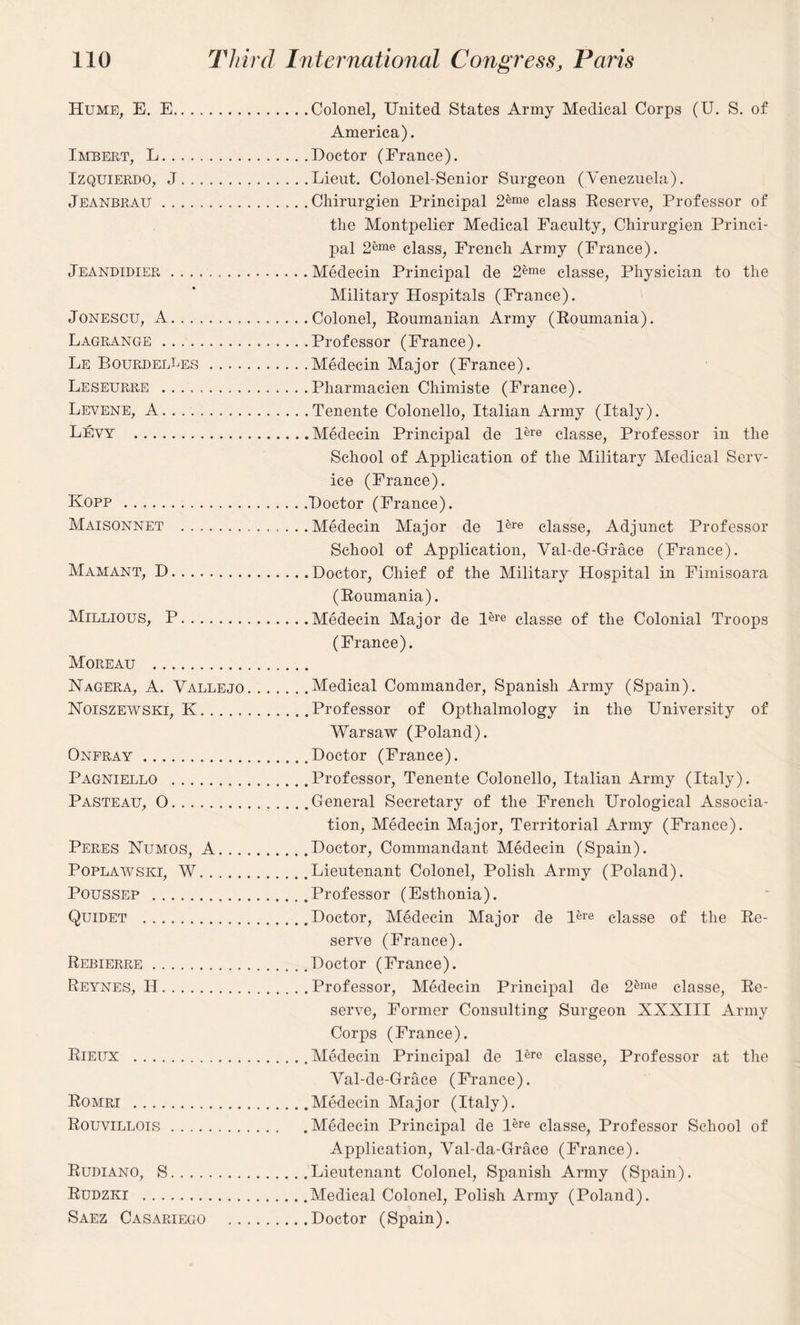 Hume, E. E.Colonel, United States Army Medical Corps (U. S. of America). Imbert, L.Doctor (France). Izquierdo, J.Lieut. Colonel-Senior Surgeon (Venezuela). Jeanbrau...Cliirurgien Principal 2eme class Reserve, Professor of the Montpelier Medical Faculty, Chirurgien Princi¬ pal 2eme class, French Army (France). Jeandidier.Medecin Principal de 2eme classe, Physician to the Military Hospitals (France). Jonescu, A...Colonel, Roumanian Army (Roumania). Lagrange.Professor (France). Le Bourdelles.Medecin Major (France). Leseurre .Pharmacien Chimiste (France). Levene, A...Tenente Colonello, Italian Army (Italy). Levy .Medecin Principal de lere classe, Professor in the School of Application of the Military Medical Serv¬ ice (France). Kopp .Doctor (France). Maisonnet ..Medecin Major de l^e classe, Adjunct Professor School of Application, Val-de-Grace (France). Mamant, D.Doctor, Chief of the Military Hospital in Fimisoara (Roumania). Millious, P.Medecin Major de Pre classe of the Colonial Troops (France). Moreau . Nagera, A. Vallejo.Medical Commander, Spanish Army (Spain). Noiszewski, K.Professor of Opthalmology in the University of Warsaw (Poland). Onfray.Doctor (France). Pagniello .Professor, Tenente Colonello, Italian Army (Italy). Pasteau, O.General Secretary of the French Urological Associa¬ tion, Medecin Major, Territorial Army (France). Peres Numos, A.Doctor, Commandant Medecin (Spain). Poplawski, W.Lieutenant Colonel, Polish Army (Poland). POUSSEP .Professor (Esthonia). Quidet ..Doctor, Medecin Major de Pre classe of the Re¬ serve (France). Rebierre.Doctor (France). Reynes, H.Professor, Medecin Principal de 2&me classe, Re¬ serve, Former Consulting Surgeon XXXIII Army Corps (France). Rieux .Medecin Principal de lfere classe, Professor at the Val-de-Grace (France). Romri .Medecin Major (Italy). Rouvillois.Medecin Principal de l^e classe, Professor School of Application, Val-da-Grace (France). Rudiano, S.Lieutenant Colonel, Spanish Army (Spain). Rudzki .Medical Colonel, Polish Army (Poland). Saez Casariego .Doctor (Spain).