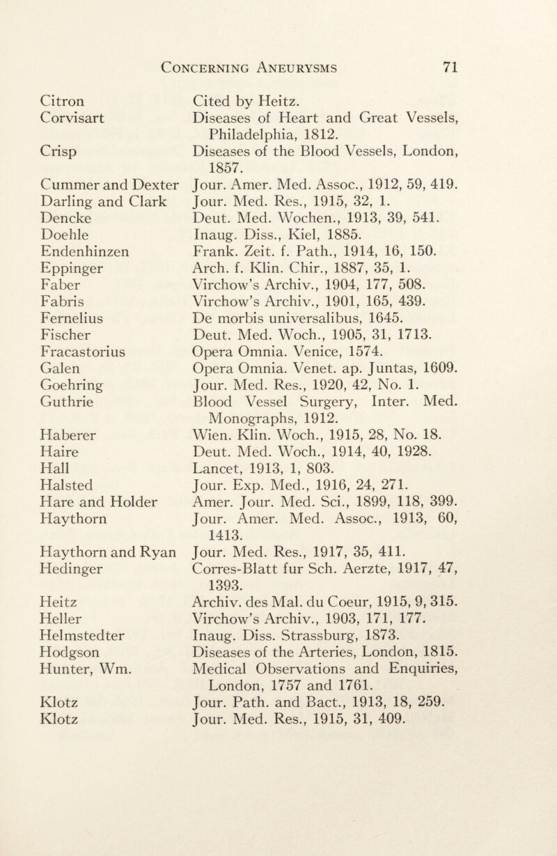 Citron Corvisart Crisp Cummer and Dexter Darling and Clark Dencke Doehle Endenhinzen Eppinger Faber Fabris Fernelius Fischer Fracastorius Galen Goehring Guthrie Haberer Haire Hall Halsted Hare and Holder Haythorn Haythorn and Ryan Hedinger Heitz Heller Helmstedter Hodgson Hunter, Wm. Klotz Klotz Cited by Heitz. Diseases of Heart and Great Vessels, Philadelphia, 1812. Diseases of the Blood Vessels, London, 1857. Jour. Amer. Med. Assoc., 1912, 59, 419. Jour. Med. Res., 1915, 32, 1. Deut. Med. Wochen., 1913, 39, 541. Inaug. Diss., Kiel, 1885. Frank. Zeit. f. Path., 1914, 16, 150. Arch. f. Klin. Chin, 1887, 35, 1. Virchow’s Archiv., 1904, 177, 508. Virchow’s Archiv., 1901, 165, 439. De morbis universalibus, 1645. Deut. Med. Woch., 1905, 31, 1713. Opera Omnia. Venice, 1574. Opera Omnia. Venet. ap. Juntas, 1609. Jour. Med. Res., 1920, 42, No. 1. Blood Vessel Surgery, Inter. Med. Monographs, 1912. Wien. Klin. Woch., 1915, 28, No. 18. Deut. Med. Woch., 1914, 40, 1928. Lancet, 1913, 1, 803. Jour. Exp. Med., 1916, 24, 271. Amer. Jour. Med. Sci., 1899, 118, 399. Jour. Amer. Med. Assoc., 1913, 60, 1413. Jour. Med. Res., 1917, 35, 411. Corres-Blatt fur Sch. Aerzte, 1917, 47, 1393. Archiv. des Mai. du Coeur, 1915, 9, 315. Virchow’s Archiv., 1903, 171, 177. Inaug. Diss. Strassburg, 1873. Diseases of the Arteries, London, 1815. Medical Observations and Enquiries, London, 1757 and 1761. Jour. Path, and Bact., 1913, 18, 259. Jour. Med. Res., 1915, 31, 409.