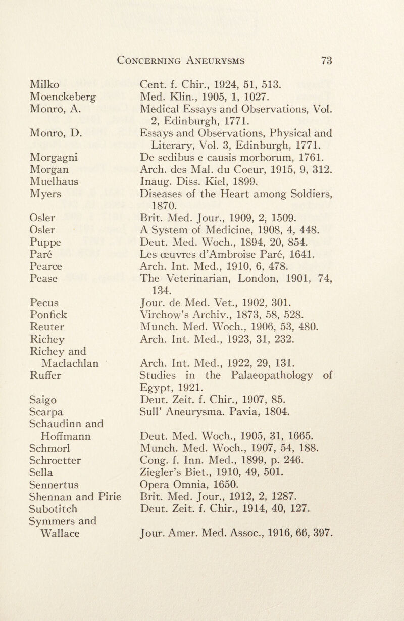 Milko Moenckeberg Monro, A. Monro, D. Morgagni Morgan Muelhaus Myers Osier Osier Puppe Pare Pearce Pease Pecus Ponfick Reuter Richey Richey and Maclachlan Ruffer Saigo Scarpa Schaudinn and Hoffmann Schmorl Schroetter Sella Sennertus Shennan and Pirie Subotitch Symmers and Cent. f. Chin, 1924, 51, 513. Med. Klin., 1905, 1, 1027. Medical Essays and Observations, Vol. 2, Edinburgh, 1771. Essays and Observations, Physical and Literary, Vol. 3, Edinburgh, 1771. De sedibus e causis morborum, 1761. Arch, des Mai. du Coeur, 1915, 9, 312. Inaug. Diss. Kiel, 1899. Diseases of the Heart among Soldiers, 1870. Brit. Med. Jour., 1909, 2, 1509. A System of Medicine, 1908, 4, 448. Deut. Med. Woch., 1894, 20, 854. Les oeuvres d’Ambroise Pare, 1641. Arch. Int. Med., 1910, 6, 478. The Veterinarian, London, 1901, 74, 134. Jour, de Med. Vet., 1902, 301. Virchow’s Archiv., 1873, 58, 528. Munch. Med. Woch., 1906, 53, 480. Arch. Int. Med., 1923, 31, 232. Arch. Int. Med., 1922, 29, 131. Studies in the Palaeopathology of Egypt, 1921. Deut. Zeit. f. Chin, 1907, 85. Suir Aneurysma. Pavia, 1804, Deut. Med. Woch., 1905, 31, 1665. Munch. Med. Woch., 1907, 54, 188. Cong. f. Inn. Med., 1899, p. 246. Ziegler’s Biet., 1910, 49, 501. Opera Omnia, 1650. Brit. Med. Jour., 1912, 2, 1287. Deut. Zeit. f. Chin, 1914, 40, 127.