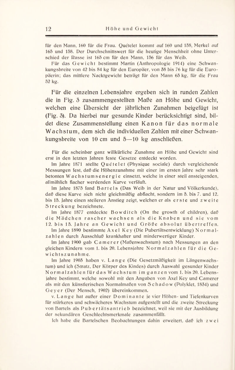 für den Mann, 160 für die Frau. Quetelet kommt auf 160 und 158, Merkel auf 165 und 158. Der Durchschnittswert für die heutige Menschheit ohne Unter¬ schied der Rasse ist 165 cm für den Mann, 156 für das Weib. Für das Gewicht bestimmt Martin (Anthropologie 1914) eine Schwan¬ kungsbreite von 42 bis 84 kg für den Europäer, von 58 bis 76 kg für die Euro¬ päerin; das mittlere Nacktgewicht beträgt für den Mann 65 kg, für die Frau 52 kg. Für die einzelnen Lebensjahre ergeben sich in runden Zahlen die in Fig. 5 zusammengeslelllen Maße an Flöhe und Gewicht, welchen eine Übersicht der jährlichen Zunahmen beigefügt ist (Fig. 5). Da hierbei nur gesunde Kinder berücksichtigt sind, bil¬ det diese Zusammenstellung einen Kanon für das normale Wachstum, dem sich die individuellen Zahlen mit einer Schwan¬ kungsbreite von 10 cm und 5—10 kg anschließen. Für die scheinbar ganz willkürliche Zunahme an Höhe und Gewicht sind erst in den letzten Jahren feste Gesetze entdeckt worden. Im Jahre 1871 stellte Quetelet (Physique sociale) durch vergleichende Messungen fest, daß die Höhenzunahme mit einer im ersten Jahre sehr stark betonten Wachstumsenergie einsetzt, welche in einer steil ansteigenden, allmählich flacher werdenden Kurve verläuft. Im Jahre 1875 fand Bartels (Das Weib in der Natur und Völkerkunde), daß diese Kurve sich nicht gleichmäßig abflacht, sondern im 5. bis 7. und 12. bis 15. Jahre einen steileren Anstieg zeigt, welchen er als erste und zweite Streckung bezeichnete. Im Jahre 1877 entdeckte Bowditch (On the growth of children), daß die Mädchen rascher wachsen als die Knaben und sie vom 12. bis 15. Jahre an Gewicht und Größe absolut übertreffen. Im Jahre 1890 bestimmte Axel Key (Die Pubertätsentwicklung) Normal¬ zahlen durch Ausschluß krankhafter und minderwertiger Kinder. Im Jahre 1900 gab C a m e r e r (Maßenwachstum) nach Messungen an den gleichen Kindern vom 1. bis 20. Lebensjahre Normalzahlen für die Ge¬ wichtszunahme. Im Jahre 1905 haben v. Lange (Die Gesetzmäßigkeit im Längenwachs¬ tum) und ich (Stratz, Der Körper des Kindes) durch Auswahl gesunder Kinder Normalzahlen für das Wachstum im ganzen vom 1. bis 20. Lebens¬ jahre bestimmt, welche sowohl mit den Angaben von Axel Key und Camerer als mit den künstlerischen Normalmaßen von Schadow (Polyklet, 1854) und Geyer (Der Mensch, 1902) Übereinkommen. v. Lange hat außer einer Dominante je vier Höhen-und Tiefenkurven für stärkeres und schwächeres Wachstum aufgestellt und die zweite Streckung von Bartels als Pubertätsantrieb bezeichnet, weil sie mit der Ausbildung der sekundären Geschlechtsmerkmale zusammenfällt. Ich habe die Bartelschen Beobachtungen dahin erweitert, daß ich zwei