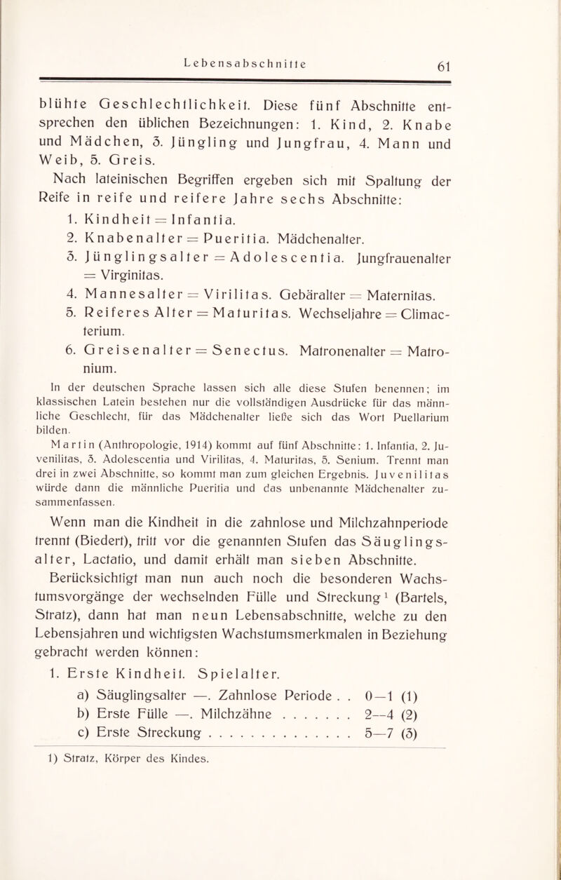 blühte Geschlechtlichkeit. Diese fünf Abschnitte ent¬ sprechen den üblichen Bezeichnungen: 1. Kind, 2. Knabe und Mädchen, 5. Jüngling und Jungfrau, 4. Mann und Weib, 5. Greis. Nach lateinischen Begriffen ergeben sich mit Spaltung der Reife in reife und reifere Jahre sechs Abschnitte: 1. Kindheit = Infantia. 2. Knabenalter = Pueritia. Mädchenalter. 3. Jünglingsalter = Adolescentia. Jungfrauenalter = Virginitas. 4. Mannesalter = ViriIitas. Gebäralter = Maternitas. 5. Reiferes Alter = Maturitas. Wechseljahre = Climac- terium. 6. GreisenaIter=Senectus. Matronenalter = Matro- nium. In der deutschen Sprache lassen sich alle diese Stufen benennen; im klassischen Latein bestehen nur die vollständigen Ausdrücke für das männ¬ liche Geschlecht, für das Mädchenalter ließe sich das Wort Puellarium bilden. Martin (Anthropologie, 1914) kommt auf fünf Abschnitte: 1. Infantia, 2. ju~ venilitas, 3. Adolescentia und Virilitas, 4. Maturitas, 5. Senium. Trennt man drei in zwei Abschnitte, so kommt man zum gleichen Ergebnis. J u v e n i 1 i t a s würde dann die männliche Pueritia und das unbenannte Mädchenalter zu¬ sammenfassen. Wenn man die Kindheit in die zahnlose und Milchzahnperiode trennt (Biedert), tritt vor die genannten Stufen das Säuglings¬ alter, Lactatio, und damit erhält man sieben Abschnitte. Berücksichtigt man nun auch noch die besonderen Wachs¬ tumsvorgänge der wechselnden Fülle und Streckung1 (Bartels, Stratz), dann hat man neun Lebensabschnitte, welche zu den Lebensjahren und wichtigsten Wachstumsmerkmalen in Beziehung gebracht werden können: 1. Erste Kindheit. Spielalter. a) Säuglingsalter —. Zahnlose Periode . . 0 — 1 (1) b) Erste Fülle —. Milchzähne. 2—4 (2) c) Erste Streckung. 5—7 (3)