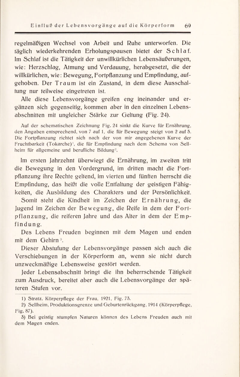 regelmäßigen Wechsel von Arbeit und Ruhe unterworfen. Die täglich wiederkehrenden Erholungspausen bietet der Schlaf. Im Schlaf ist die Tätigkeit der unwillkürlichen Lebensäußerungen, wie: Herzschlag, Atmung und Verdauung, herabgesetzt, die der willkürlichen, wie: Bewegung, Fortpflanzung und Empfindung, auf¬ gehoben. Der Traum ist ein Zustand, in dem diese Ausschal¬ tung nur teilweise eingetreten ist. Alle diese Lebensvorgänge greifen eng ineinander und er¬ gänzen sich gegenseitig, kommen aber in den einzelnen Lebens¬ abschnitten mit ungleicher Stärke zur Geltung (Fig. 24). Auf der schematischen Zeichnung Fig. 24 sinkt die Kurve für Ernährung, den Angaben entsprechend, von 7 auf 1, die für Bewegung steigt von 2 auf 5. Die Fortpflanzung richtet sich nach der von mir angegebenen Kurve der Fruchtbarkeit (Tokarche)', die für Empfindung nach dem Schema von Seil- heim für allgemeine und berufliche Bildung1 2. Im ersten Jahrzehnt überwiegt die Ernährung, im zweiten tritt die Bewegung in den Vordergrund, im dritten macht die Fort¬ pflanzung ihre Rechte geltend, im vierten und fünften herrscht die Empfindung, das heißt die volle Entfaltung der geistigen Fähig¬ keiten, die Ausbildung des Charakters und der Persönlichkeit. Somit steht die Kindheit im Zeichen der Ernährung, die Jugend im Zeichen der Bewegung, die Reife in dem der Fort¬ pflanzung, die reiferen Jahre und das Alter in dem der Emp¬ findung. Des Lebens Freuden beginnen mit dem Magen und enden mit dem Gehirn3. Dieser Abstufung der Lebensvorgänge passen sich auch die Verschiebungen in der Körperform an, wenn sie nicht durch unzweckmäßige Lebensweise gestört werden. Jeder Lebensabschnitt bringt die ihn beherrschende Tätigkeit zum Ausdruck, bereitet aber auch die Lebensvorgänge der spä¬ teren Stufen vor. 1) Stratz, Körperpflege der Frau, 1921, Fig. 75. 2) Sellheim, Produktionsgrenze und Geburtenrückgang, 1914 (Körperpflege, Fig. 87). 3) Bei geistig stumpfen Naturen können des Lebens Freuden auch mit dem Magen enden.