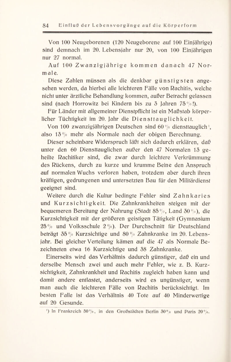 Von 100 Neugeborenen (120 Neugeborene auf 100 Einjährige) sind demnach im 20. Lebensjahr nur 20, von 100 Einjährigen nur 27 normal. Auf 100 Zwanzigjährige kommen danach 47 Nor¬ male. Diese Zahlen müssen als die denkbar günstigsten ange¬ sehen werden, da hierbei alle leichteren Fälle von Rachitis, welche nicht unler ärztliche Behandlung kommen, außer Betracht gelassen sind (nach Horrowitz bei Kindern bis zu 3 Jahren 75 %!). Für Länder mit allgemeiner Dienstpflicht ist ein Maßstab körper¬ licher Tüchtigkeit im 20. Jahr die Diensttauglichkeit. Von 100 zwanzigjährigen Deutschen sind 60u/o diensttauglich1, also 15°/o mehr als Normale nach der obigen Berechnung. Dieser scheinbare Widerspruch läßt sich dadurch erklären, daß unter den 60 Diensttauglichen außer den 47 Normalen 13 ge¬ heilte Rachitiker sind, die zwar durch leichtere Verkrümmung des Rückens, durch zu kurze und krumme Beine den Anspruch auf normalen Wuchs verloren haben, trotzdem aber durch ihren kräftigen, gedrungenen und untersetzten Bau für den Militärdienst geeignet sind. Weitere durch die Kultur bedingte Fehler sind Zahnkaries und Kurzsichtigkeit. Die Zahnkrankheiten steigen mit der bequemeren Bereitung der Nahrung (Stadt 85 °/o, Land 30 °/o), die Kurzsichtigkeit mit der größeren geistigen Tätigkeit (Gymnasium 25 °/o und Volksschule 2°/o). Der Durchschnitt für Deutschland beträgt 35 °/o Kurzsichtige und 80 °/o Zahnkranke im 20. Lebens¬ jahr. Bei gleicher Verteilung kämen auf die 47 als Normale Be- zeichneten etwa 16 Kurzsichtige und 38 Zahnkranke. Einerseits wird das Verhältnis dadurch günstiger, daß ein und derselbe Mensch zwei und auch mehr Fehler, wie z. B. Kurz¬ sichtigkeit, Zahnkrankheit und Rachitis zugleich haben kann und damit andere entlastet, anderseits wird es ungünstiger, wenn man auch die leichteren Fälle von Rachitis berücksichtigt. Im besten Falle ist das Verhältnis 40 Tote auf 40 Minderwertige auf 20 Gesunde. !) ln Frankreich 50°/o, in den Großstädten Berlin 50°/o und Paris 20°/o.